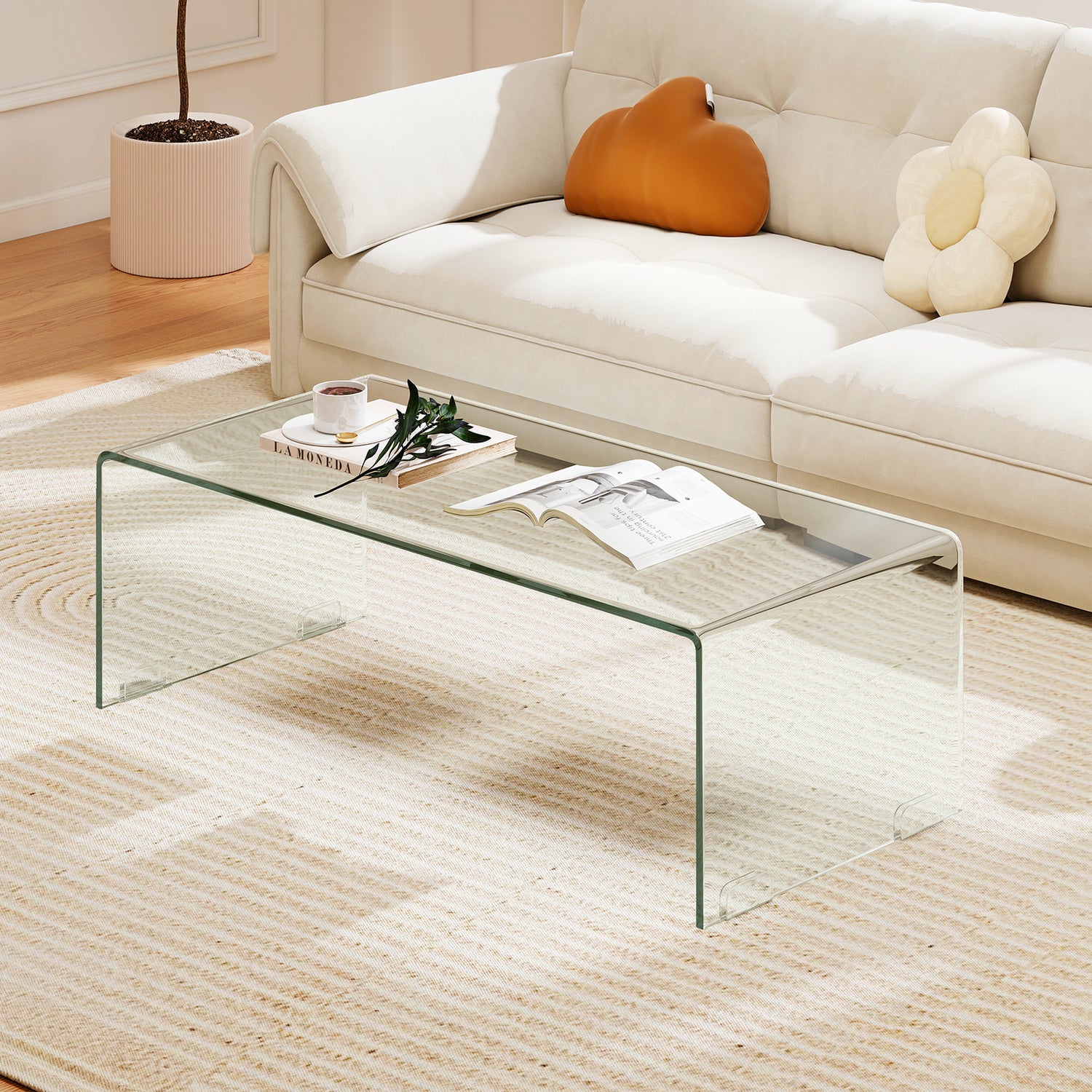 42 x 19.7 Inch Clear Tempered Glass Coffee Table with Rounded Edges-Transparent