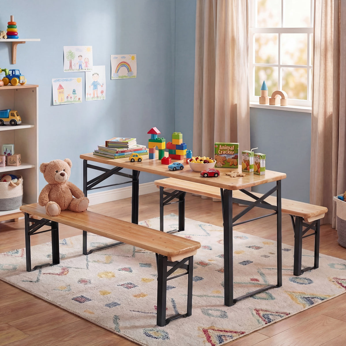 Folding Kids Picnic Table & Bench Set No Assembly Wooden Toddler Table