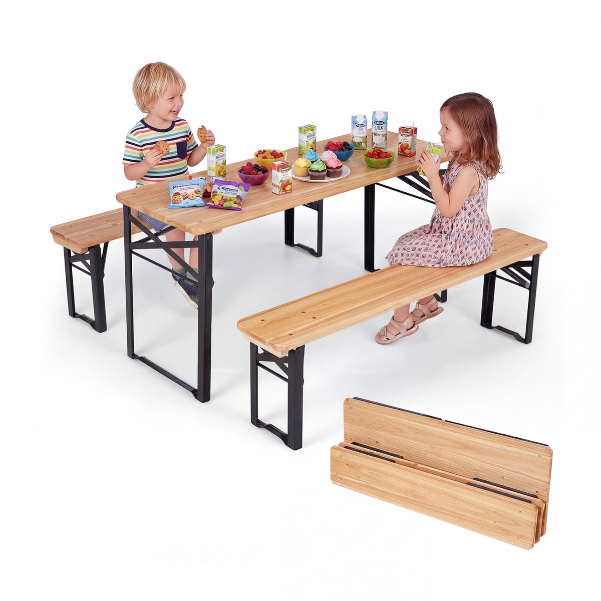 Folding Kids Picnic Table & Bench Set No Assembly Wooden Toddler Table