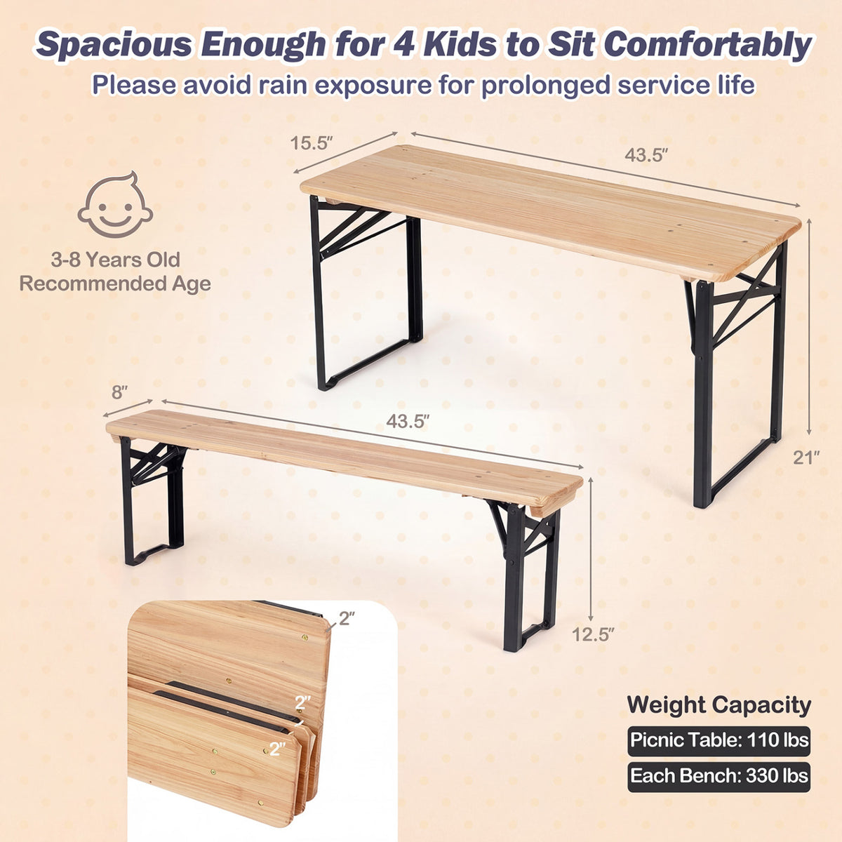 Folding Kids Picnic Table & Bench Set No Assembly Wooden Toddler Table