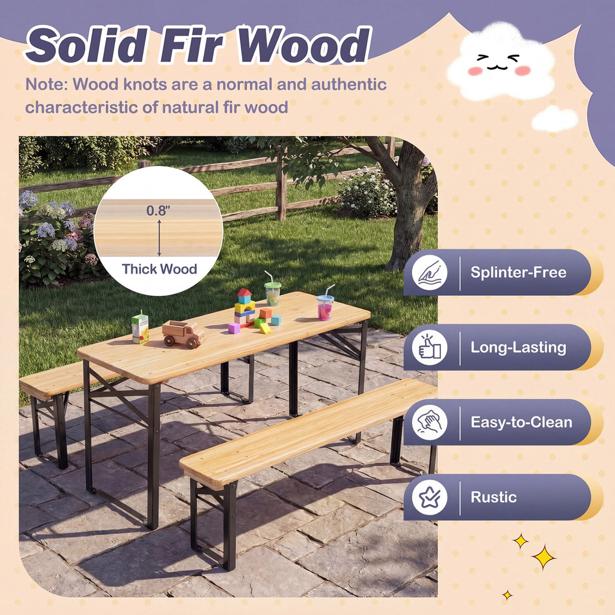 Folding Kids Picnic Table & Bench Set No Assembly Wooden Toddler Table