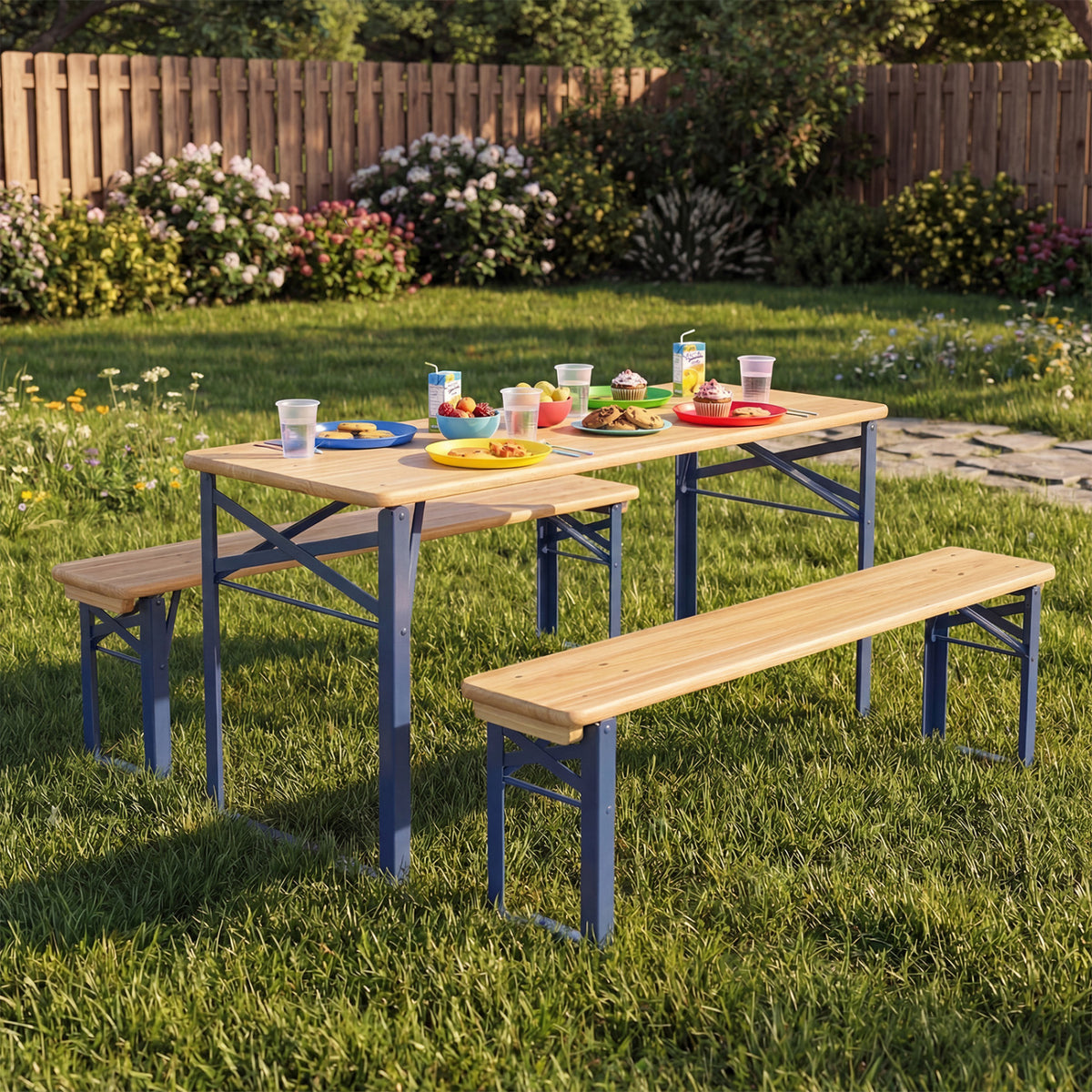 Folding Kids Picnic Table & Bench Set No Assembly Wooden Toddler Table
