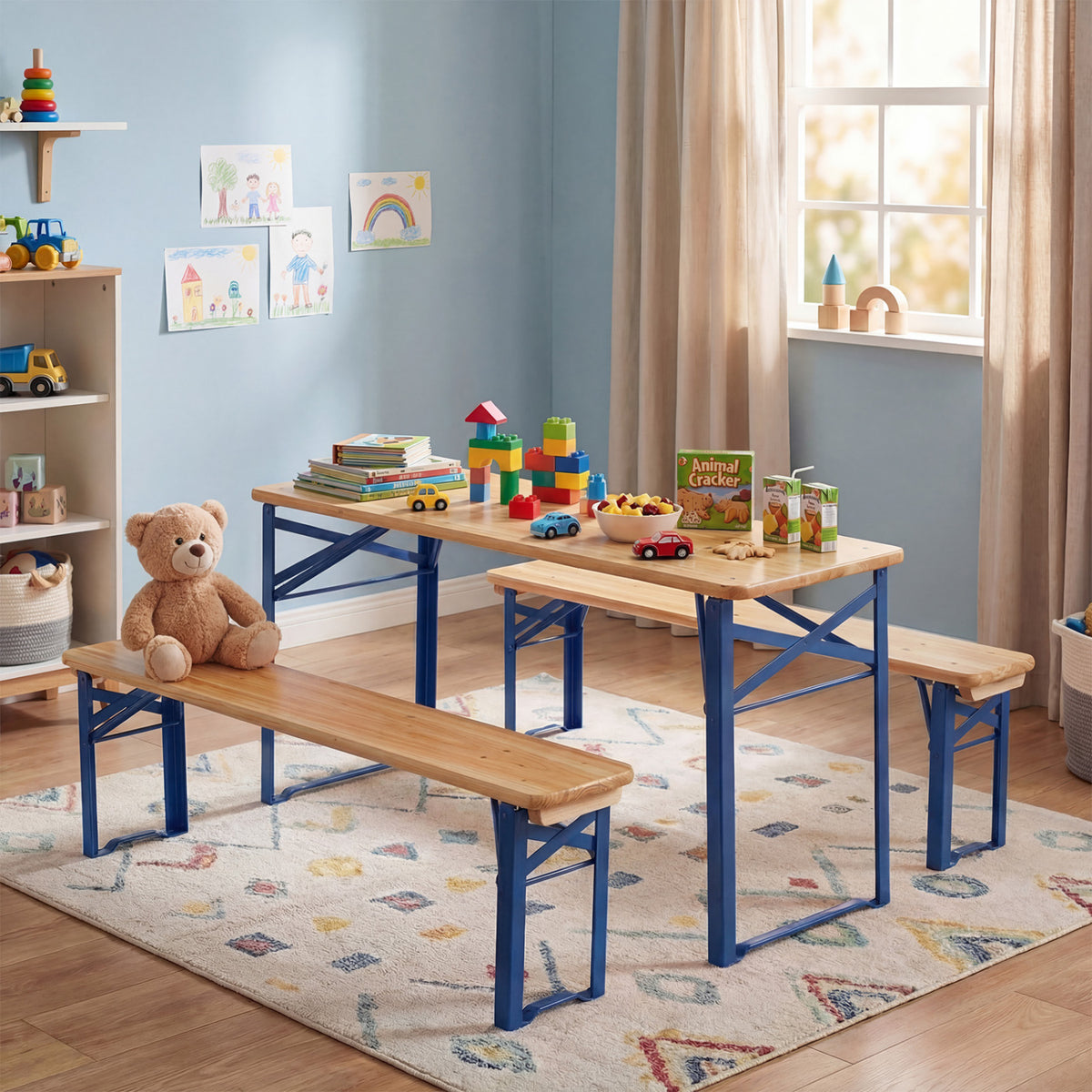 Folding Kids Picnic Table & Bench Set No Assembly Wooden Toddler Table