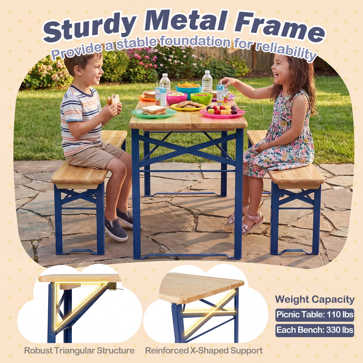 Folding Kids Picnic Table & Bench Set No Assembly Wooden Toddler Table