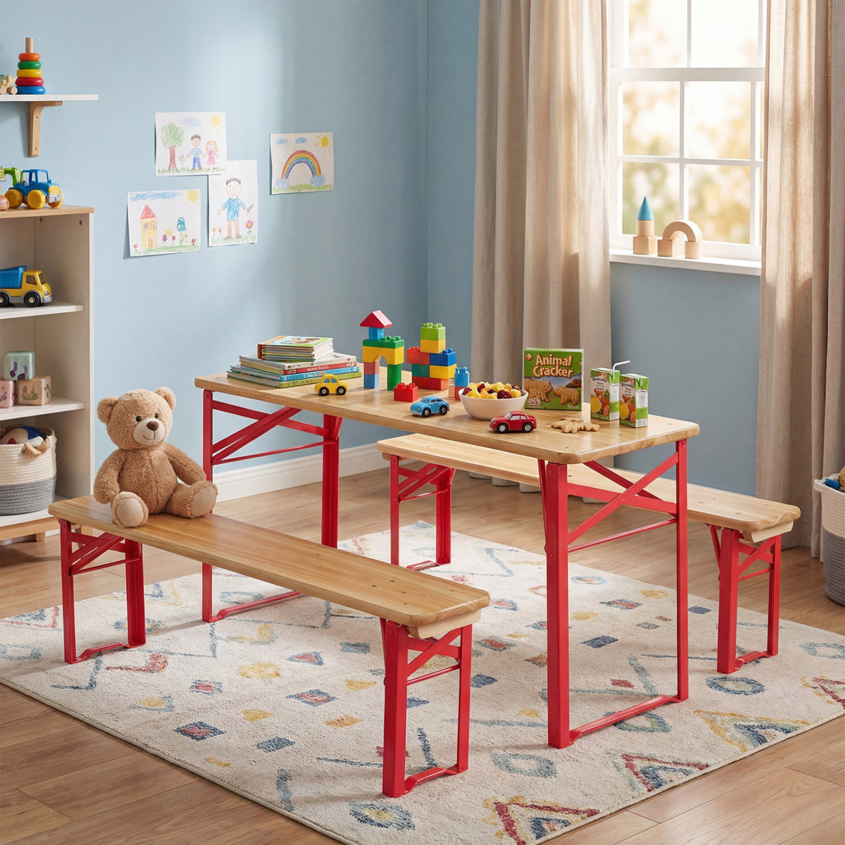 Folding Kids Picnic Table & Bench Set No Assembly Wooden Toddler Table
