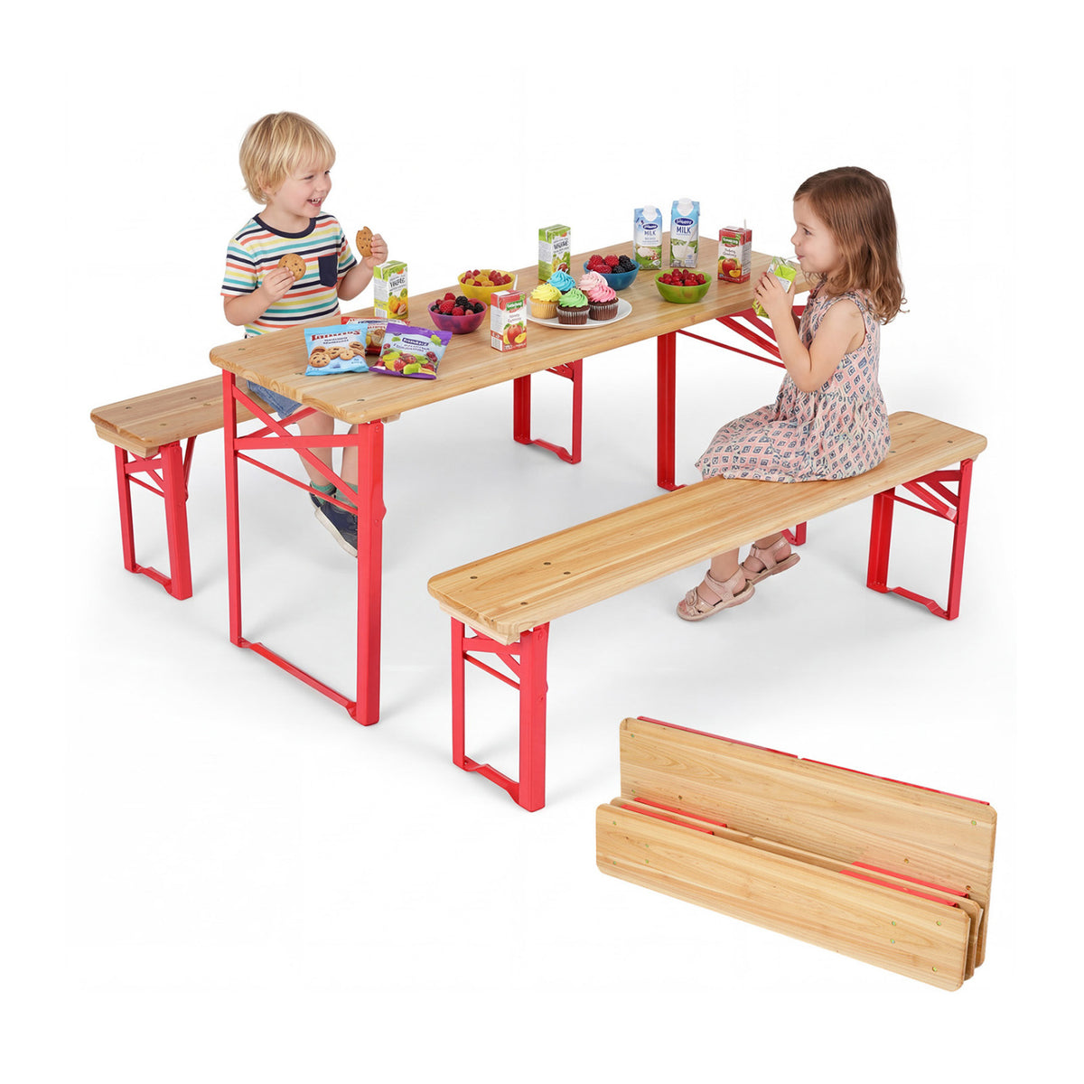 Folding Kids Picnic Table & Bench Set No Assembly Wooden Toddler Table