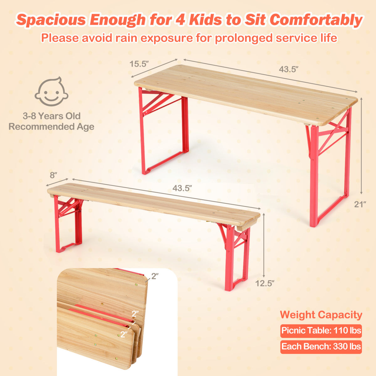 Folding Kids Picnic Table & Bench Set No Assembly Wooden Toddler Table