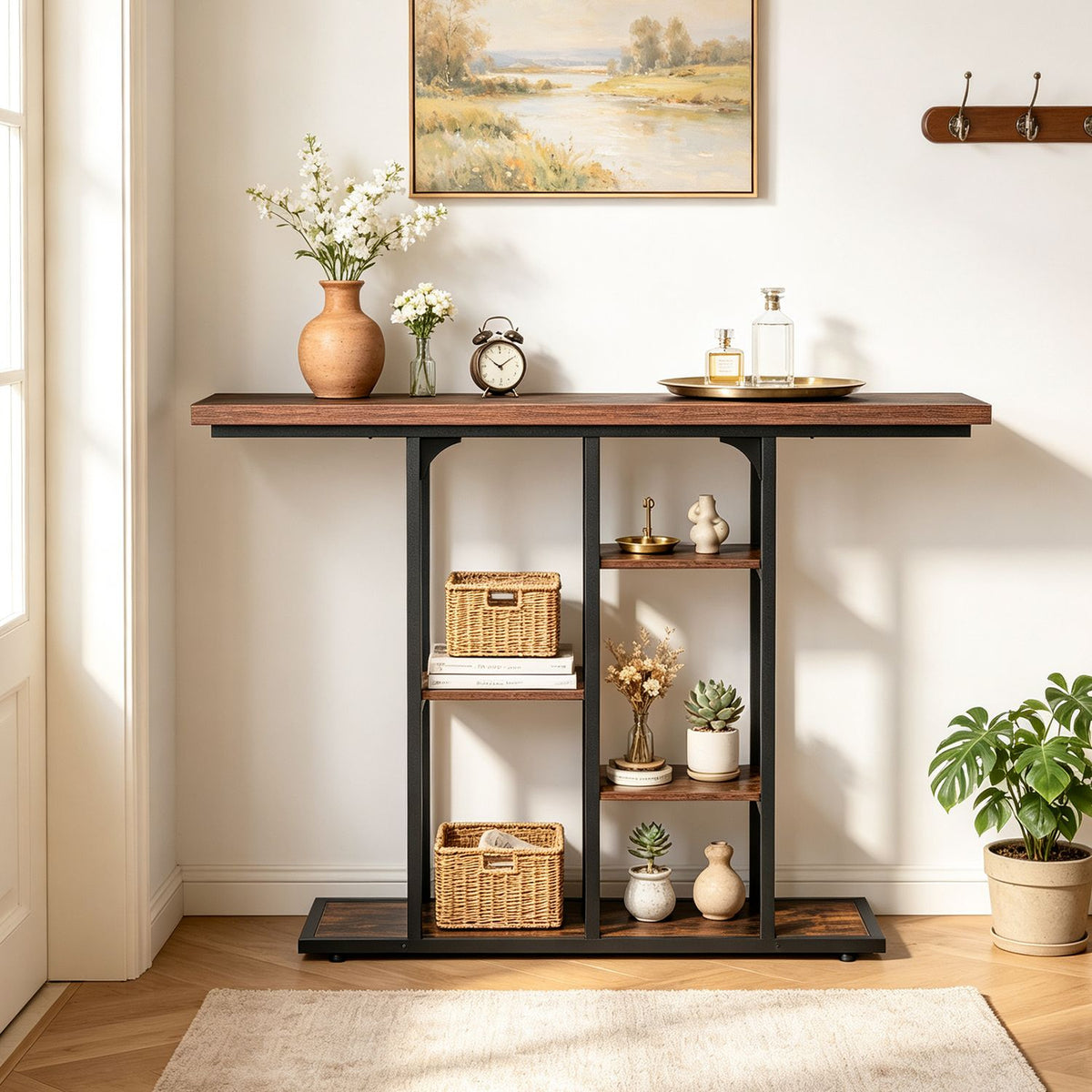 43" Console Table with Storage Shelves and Metal Frame for Entryway Hallway Foyer-Rustic Brown