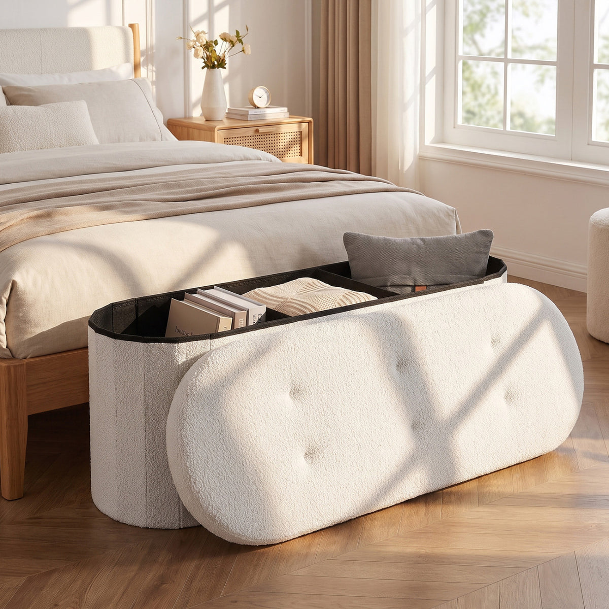 43" Folding Teddy Storage Ottoman Bench with Dividers for Living Room and Bedroom
