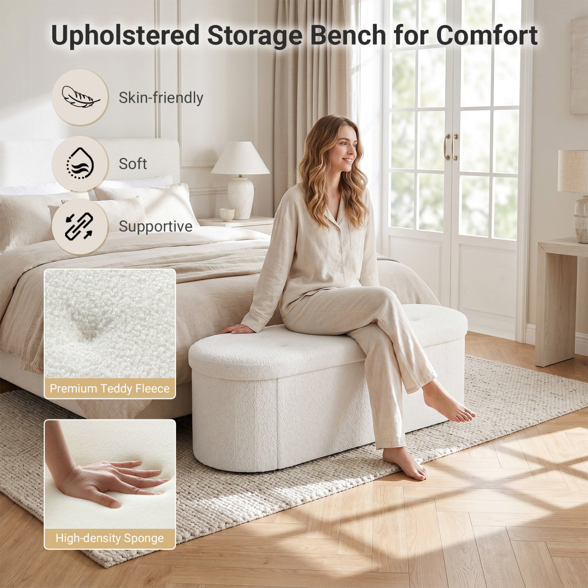 43" Folding Teddy Storage Ottoman Bench with Dividers for Living Room and Bedroom
