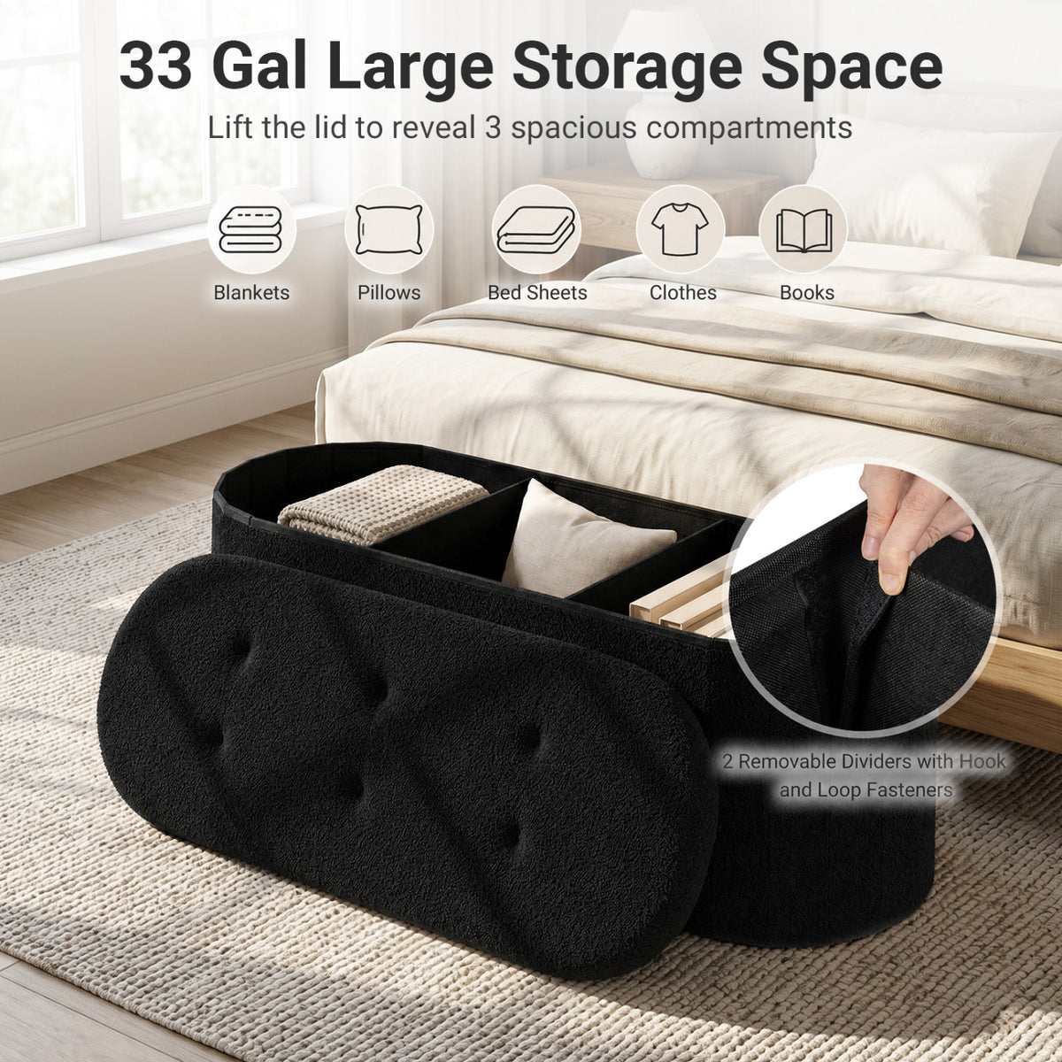 43" Folding Teddy Storage Ottoman Bench with Dividers for Living Room and Bedroom