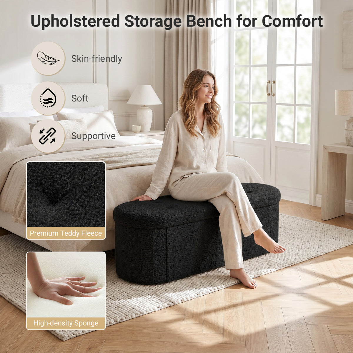 43" Folding Teddy Storage Ottoman Bench with Dividers for Living Room and Bedroom