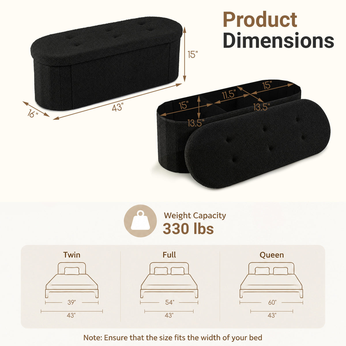 43" Folding Teddy Storage Ottoman Bench with Dividers for Living Room and Bedroom