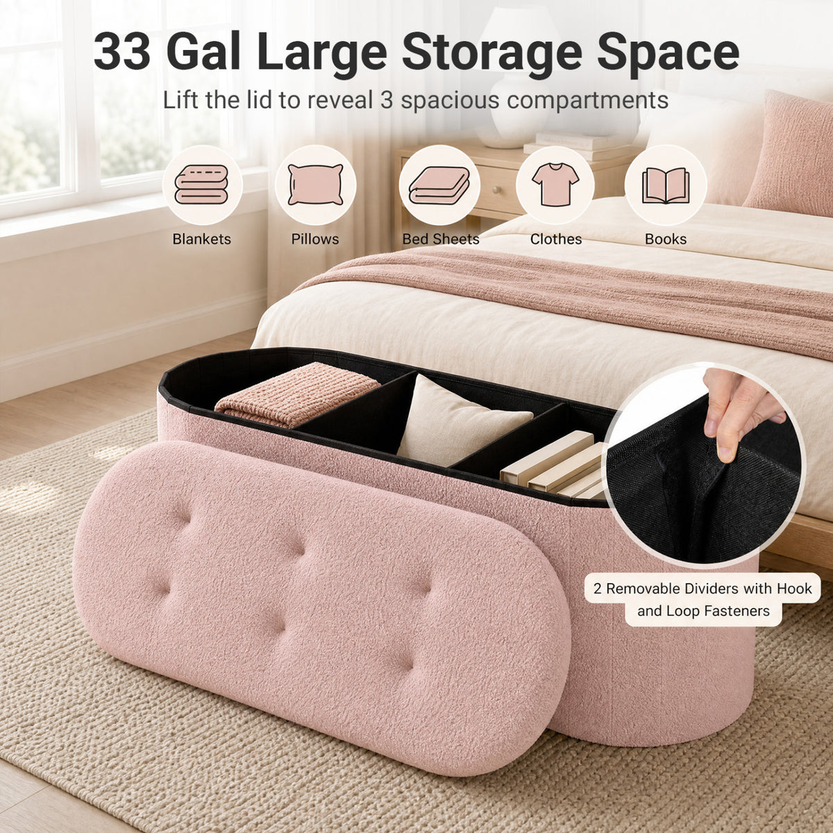 43" Folding Teddy Storage Ottoman Bench with Dividers for Living Room and Bedroom