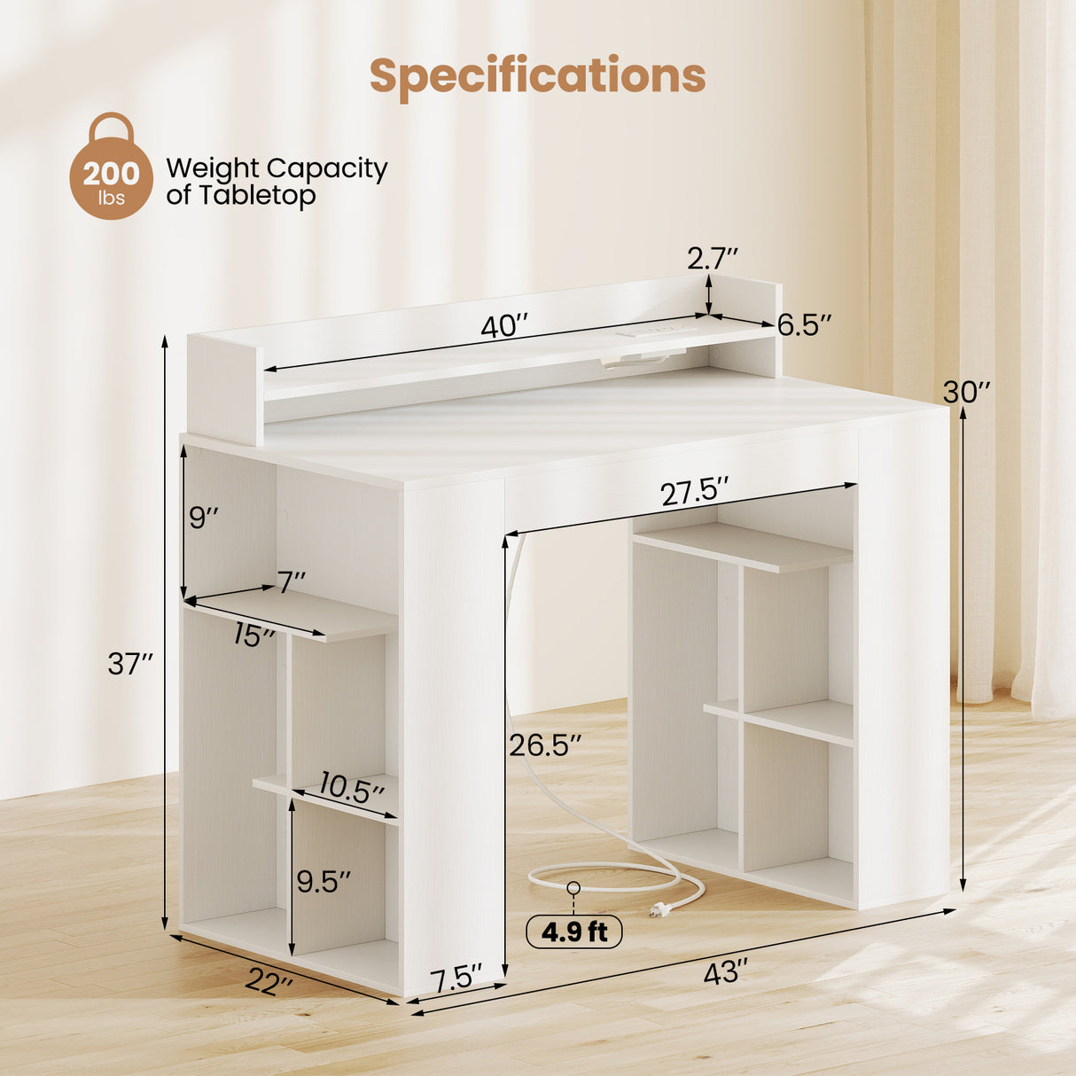 43 Inch Computer Desk with Power Outlets and 2 Bookcases-White