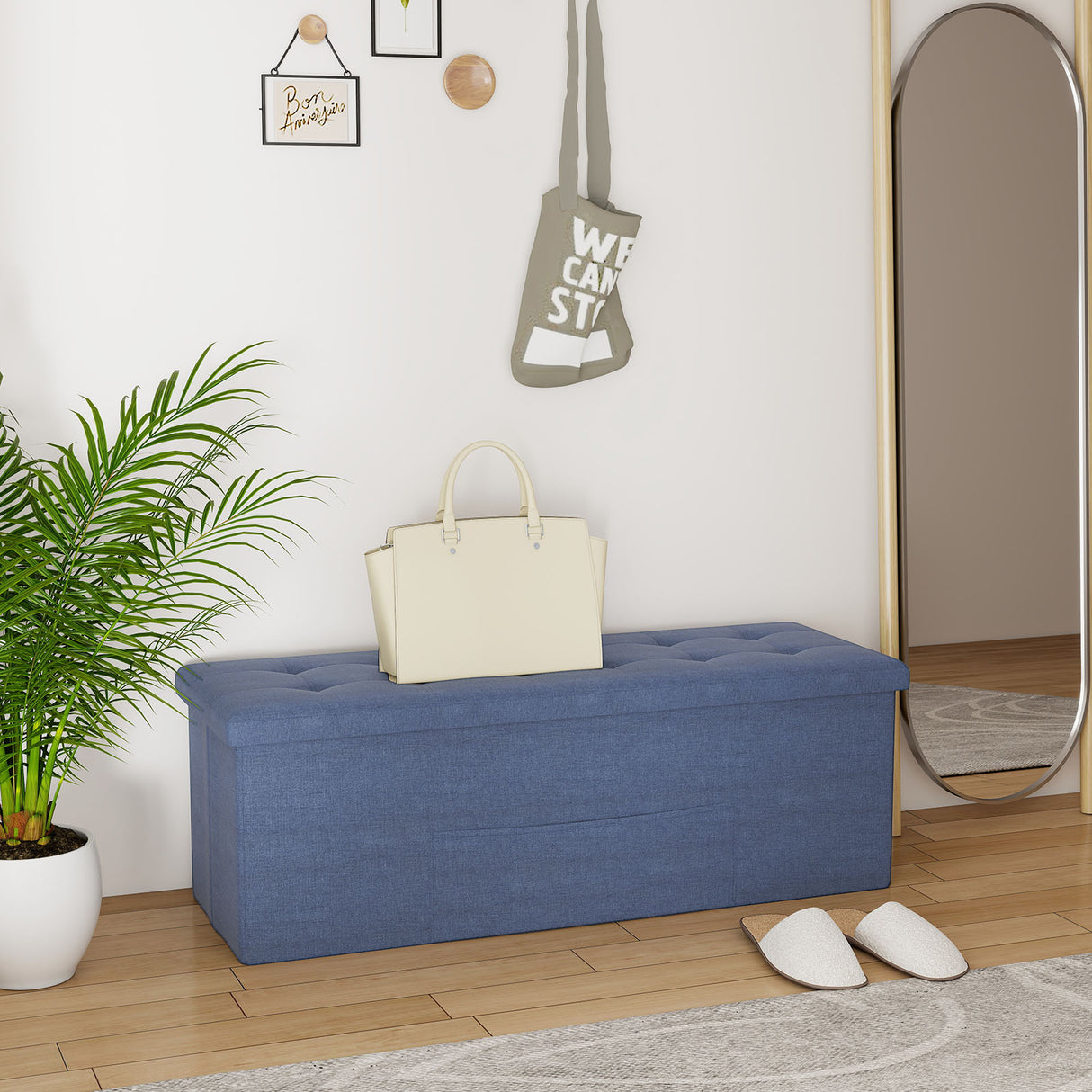43 Inches Folding Storage Ottoman Bench Linen End of Bed Bench with Padded Seat