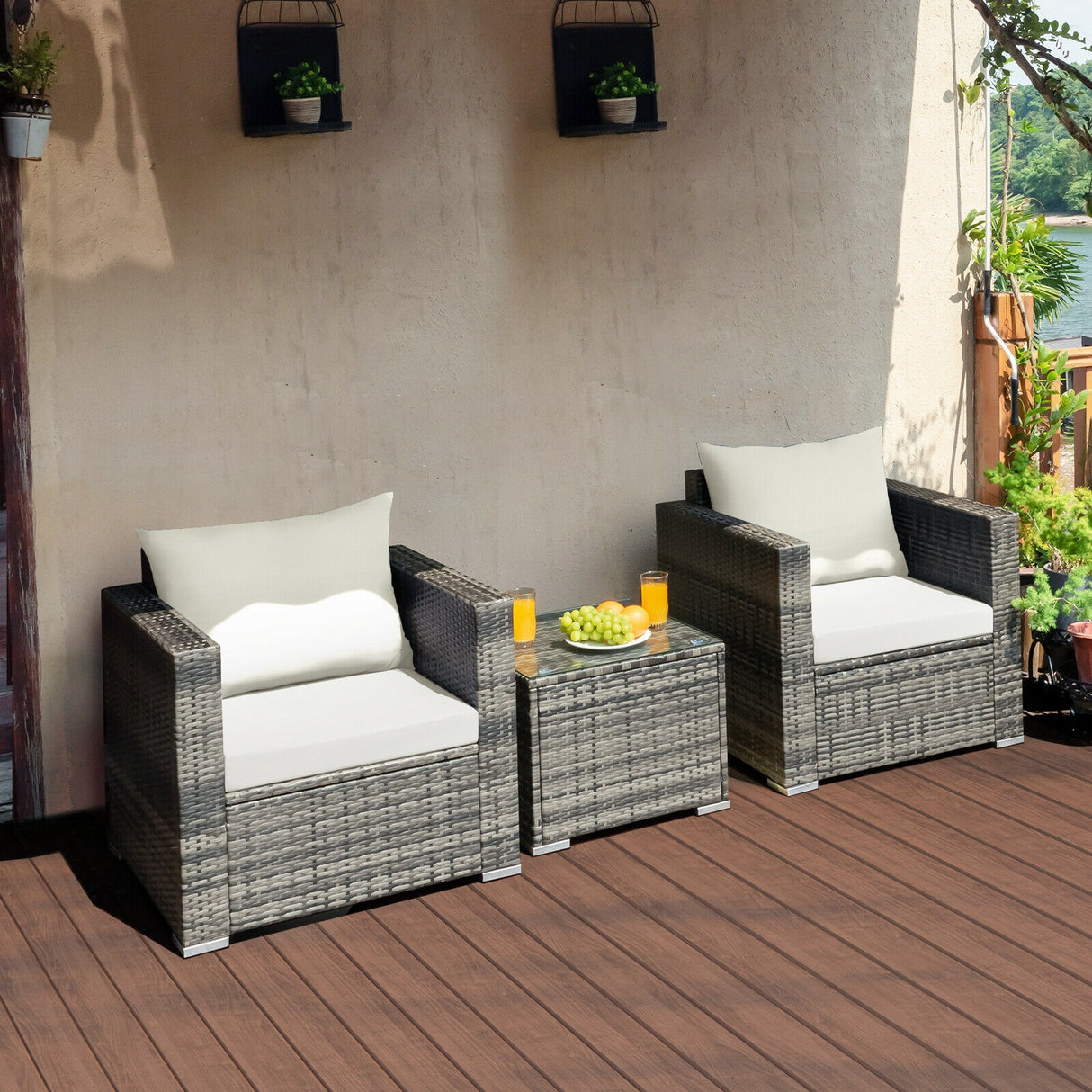 3 Pcs Patio Rattan Furniture Bistro Sofa Set with Cushioned