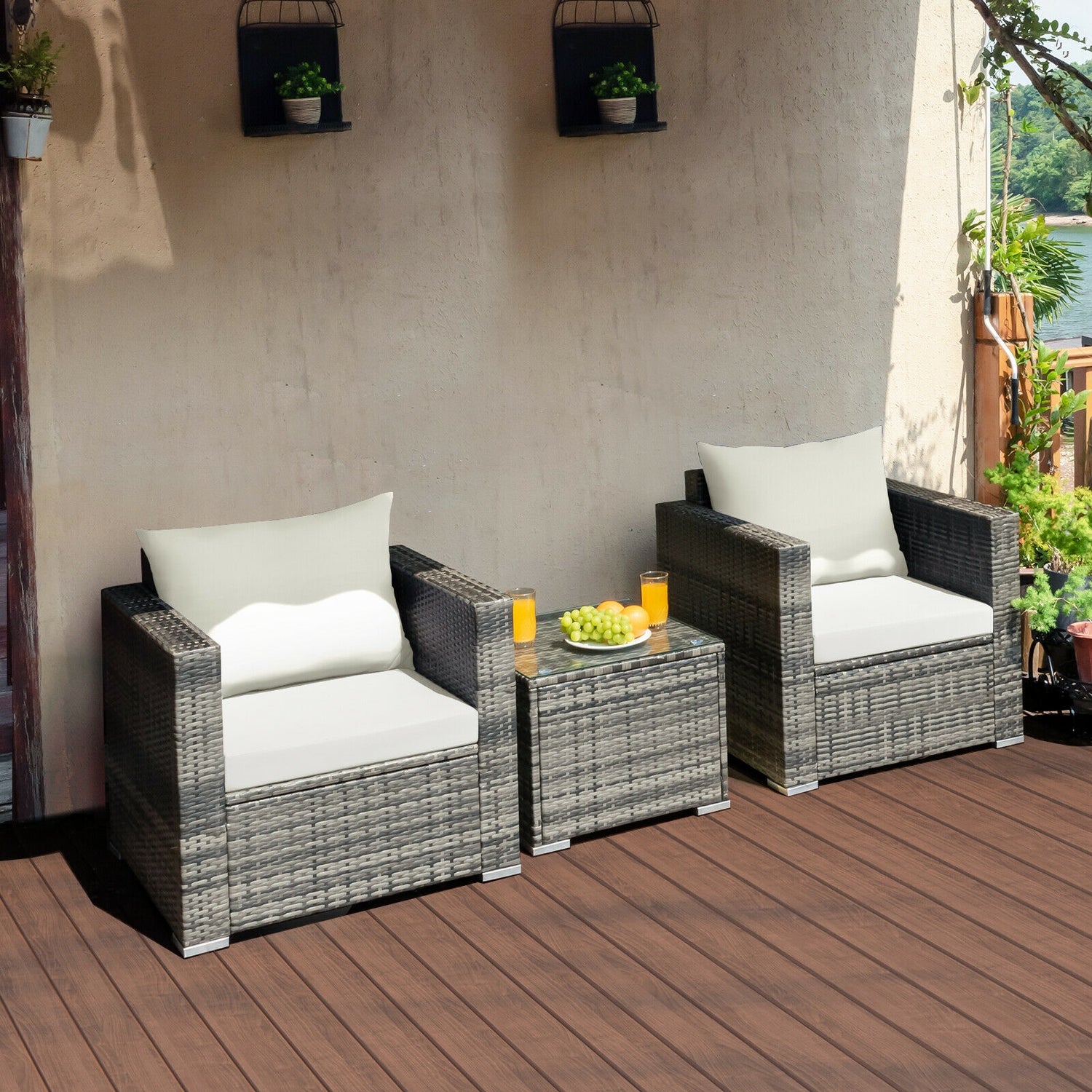3 Pcs Patio Rattan Furniture Bistro Sofa Set with Cushioned