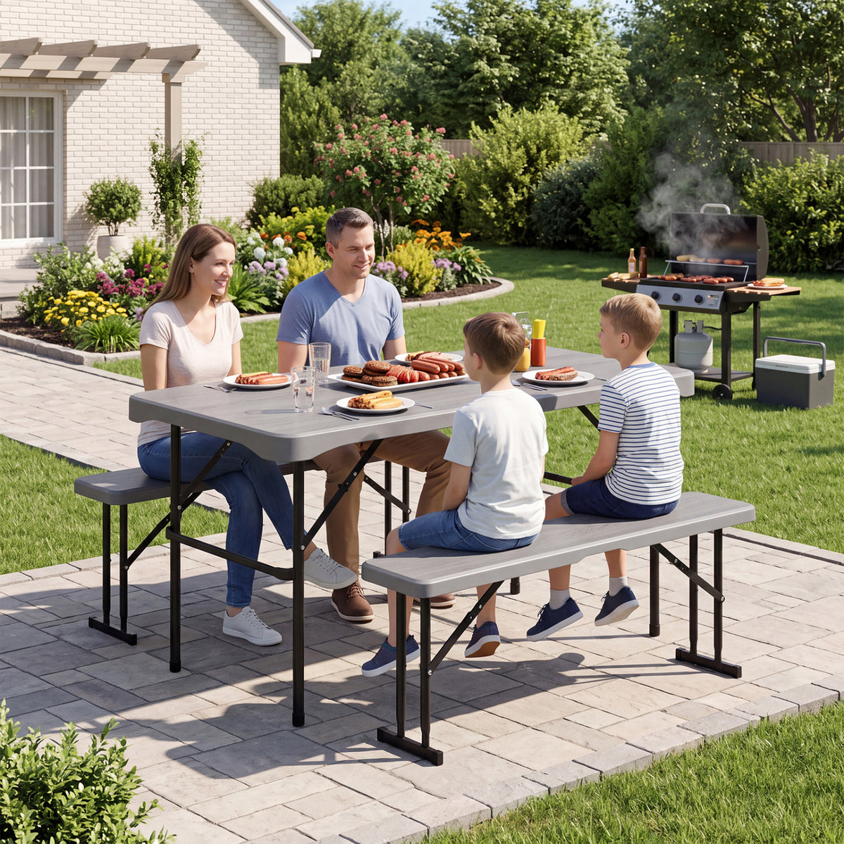 44" HDPE Folding Picnic Table Set with 2 Benches