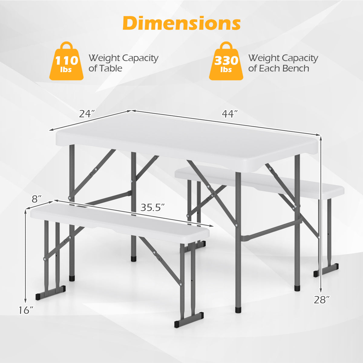 44" HDPE Folding Picnic Table Set with 2 Benches