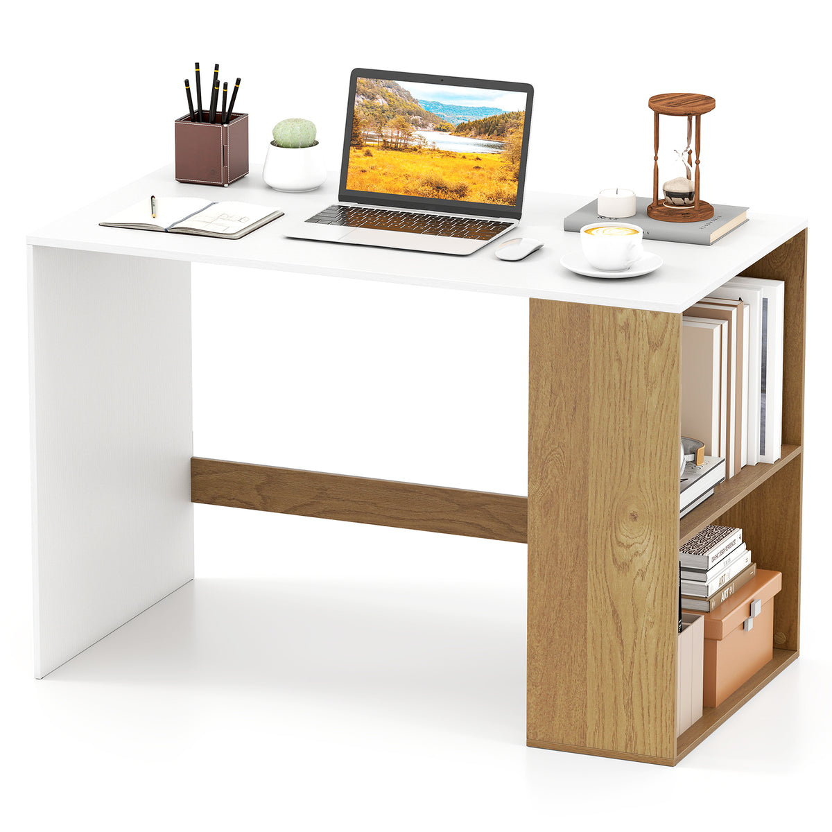 Wooden Computer Desk with Bookshelf for Small Space