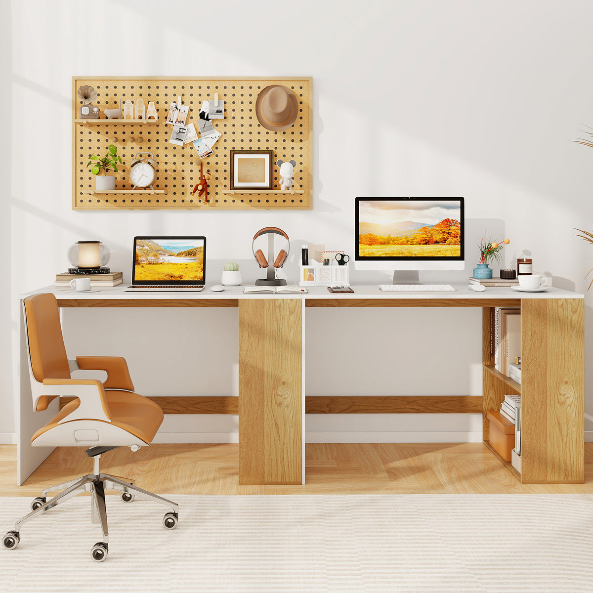 Wooden Computer Desk with Bookshelf for Small Space