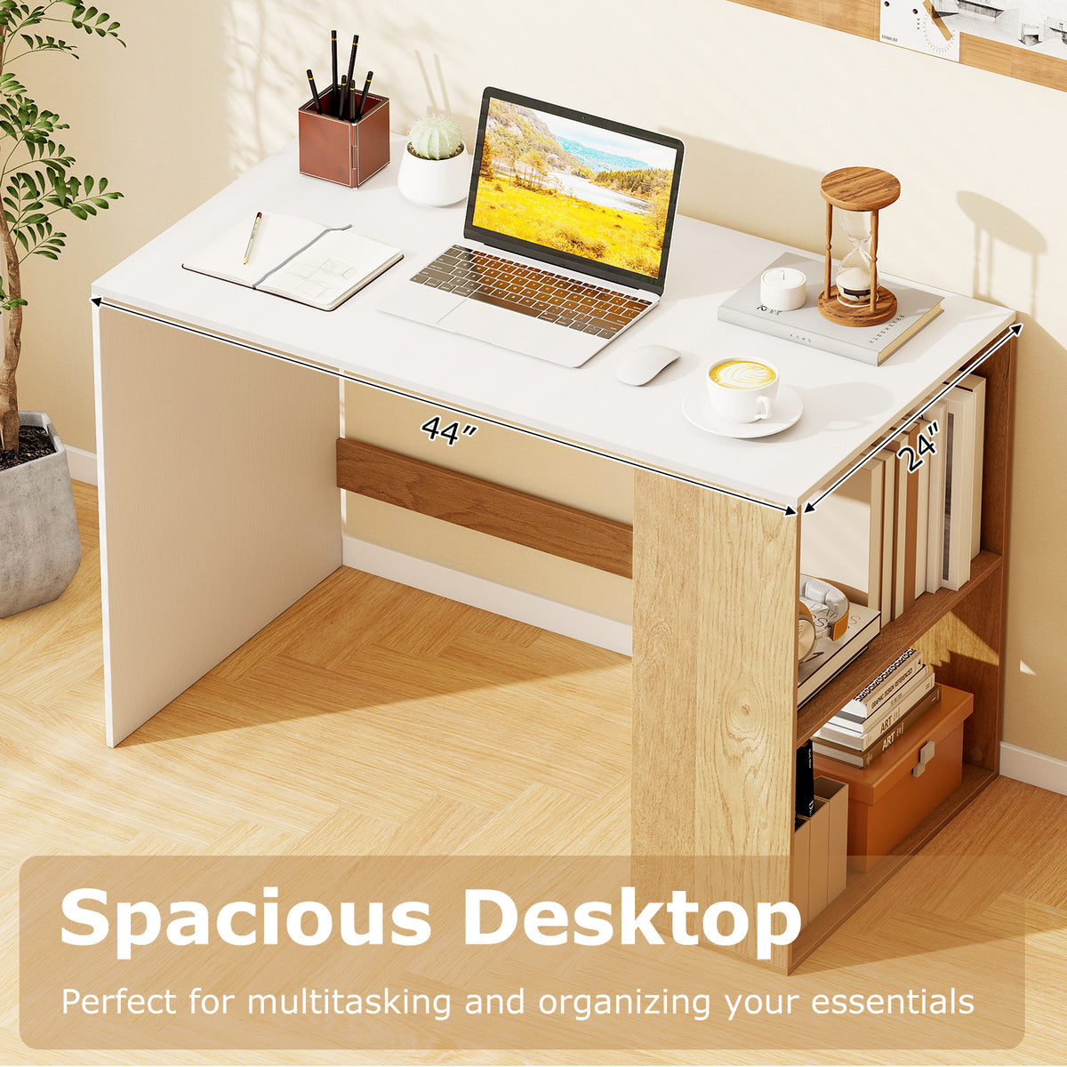 Wooden Computer Desk with Bookshelf for Small Space