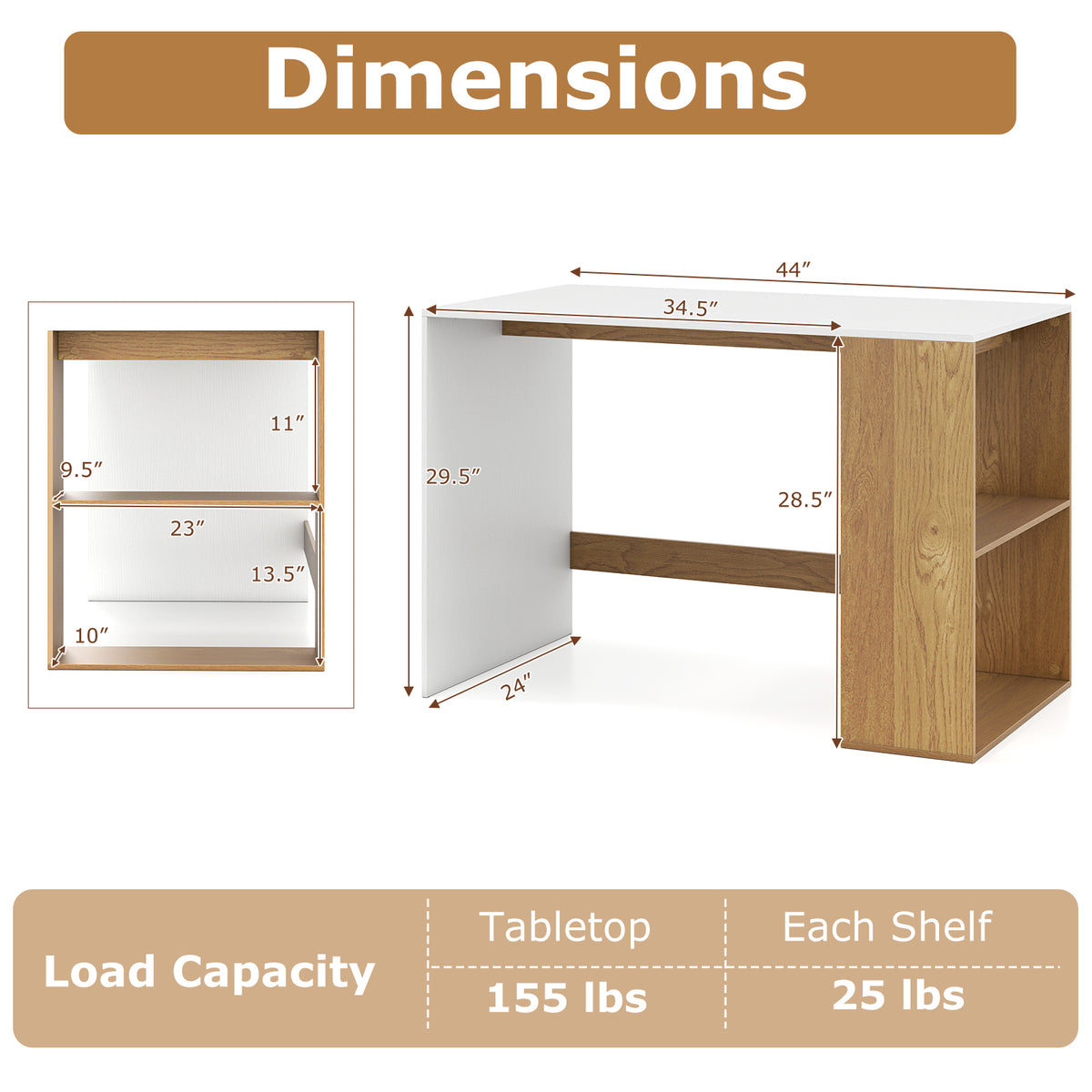 Wooden Computer Desk with Bookshelf for Small Space