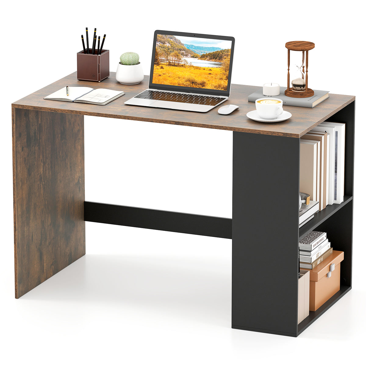 Wooden Computer Desk with Bookshelf for Small Space