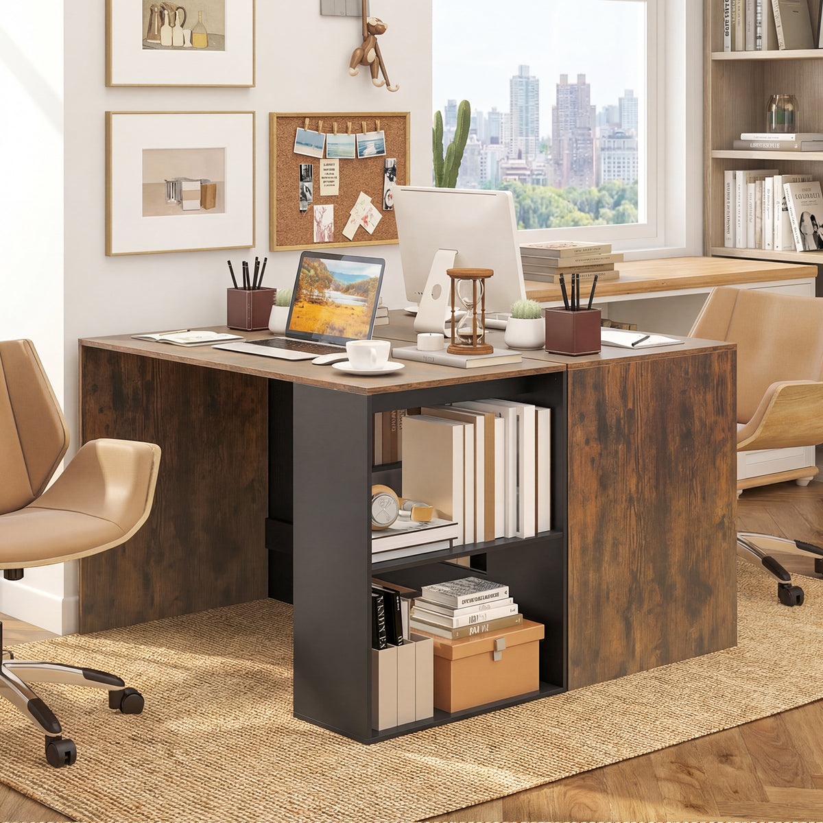 Wooden Computer Desk with Bookshelf for Small Space
