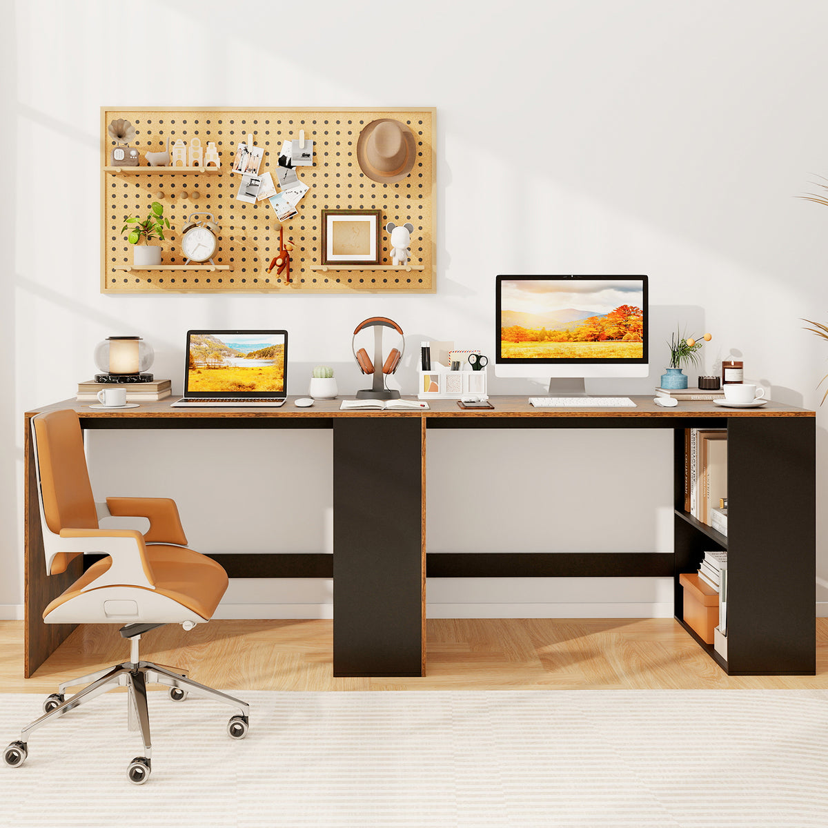 Wooden Computer Desk with Bookshelf for Small Space
