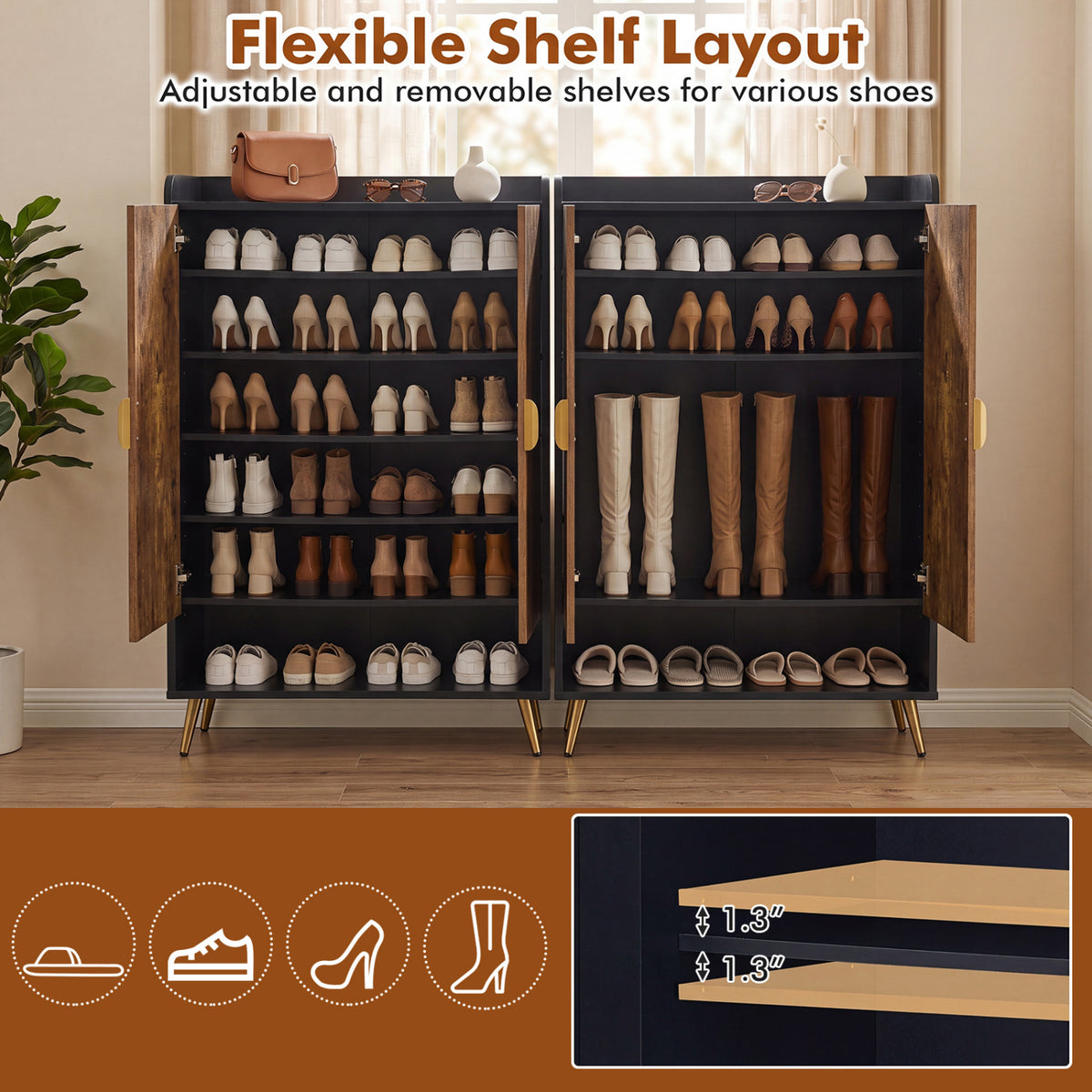 44" Tall Shoe Storage Cabinet with 7-Tier Doors and Adjustable Shelves for Entryway