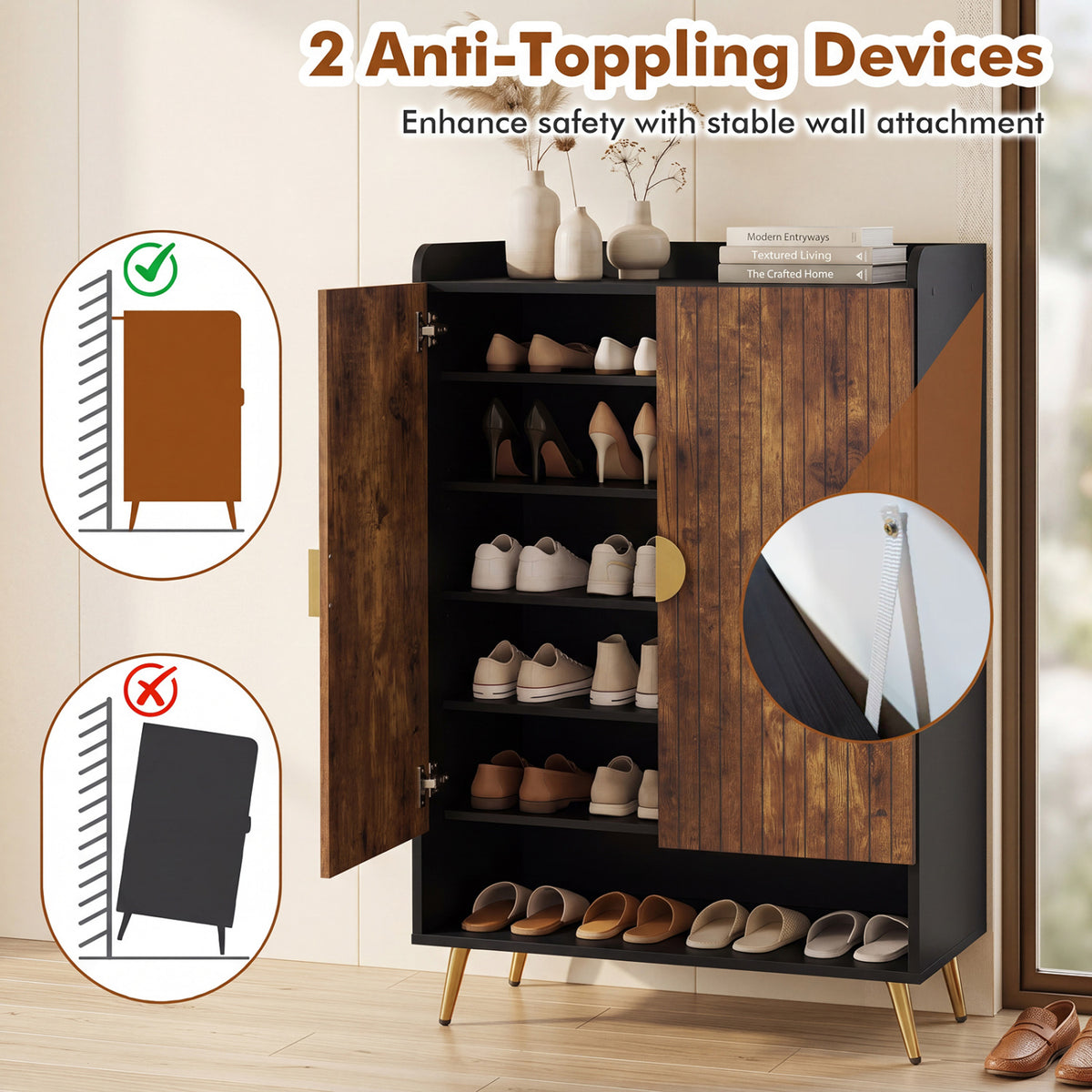 44" Tall Shoe Storage Cabinet with 7-Tier Doors and Adjustable Shelves for Entryway