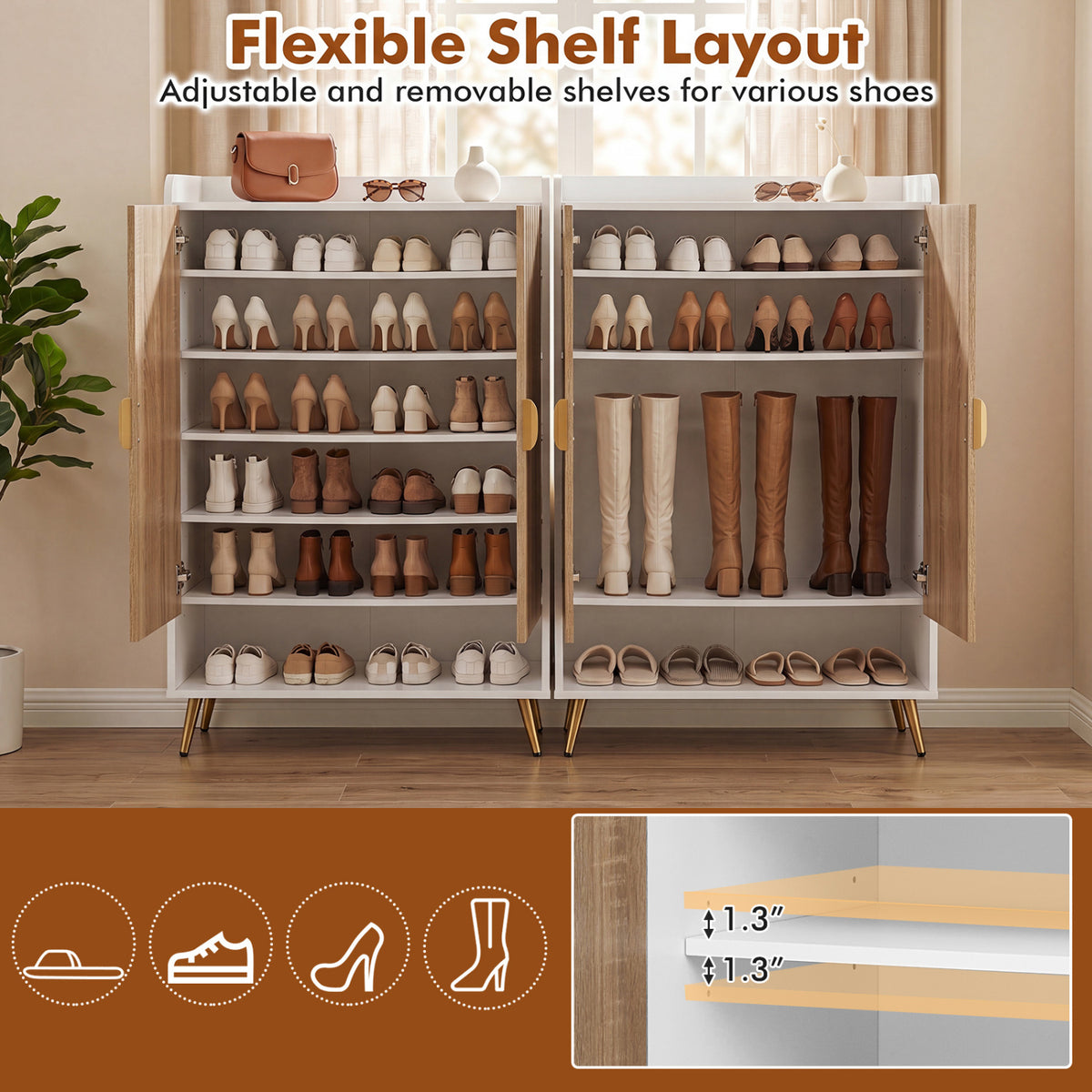 44" Tall Shoe Storage Cabinet with 7-Tier Doors and Adjustable Shelves for Entryway