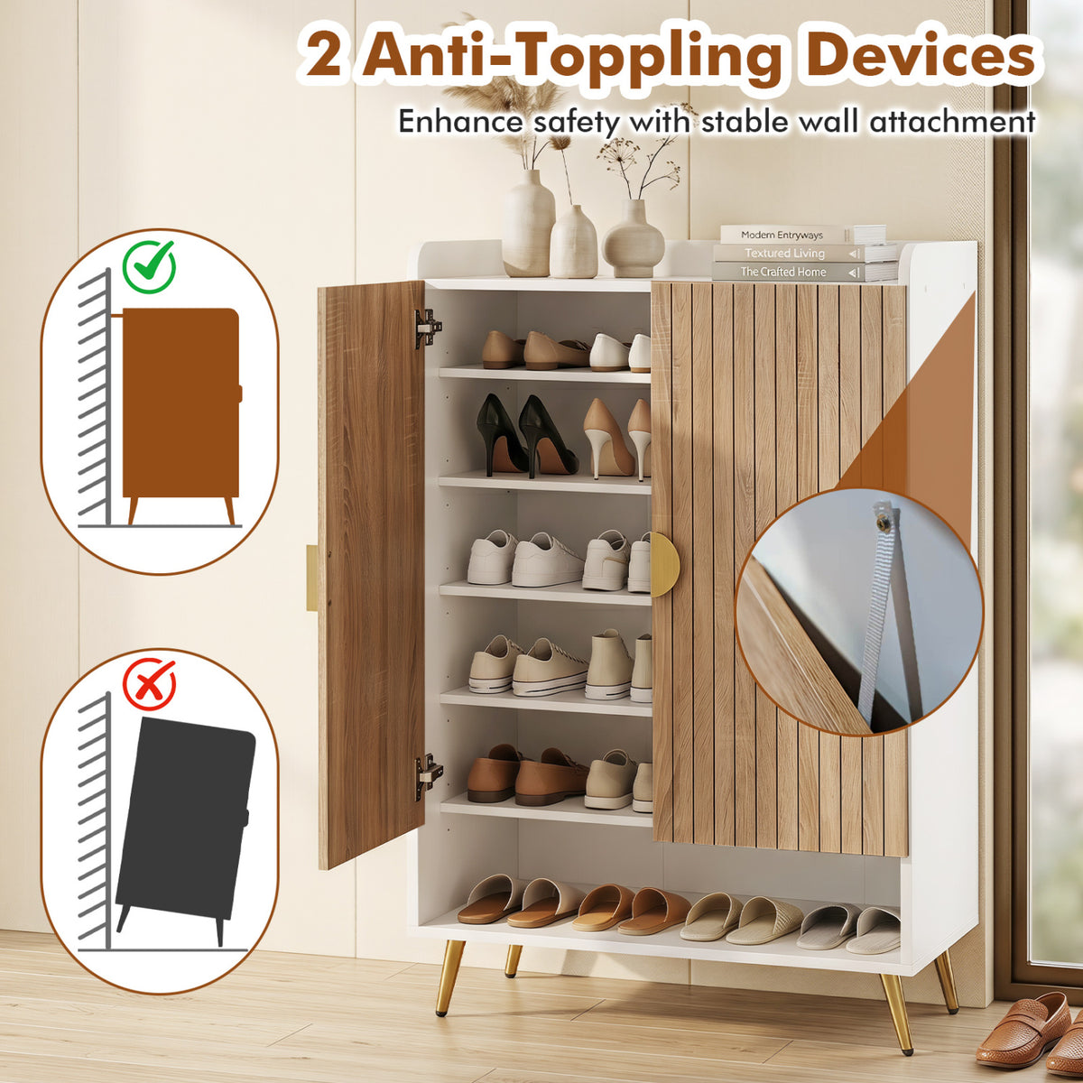 44" Tall Shoe Storage Cabinet with 7-Tier Doors and Adjustable Shelves for Entryway