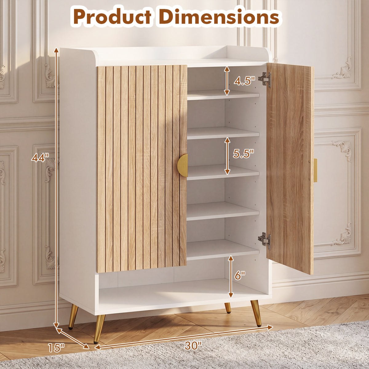 44" Tall Shoe Storage Cabinet with 7-Tier Doors and Adjustable Shelves for Entryway