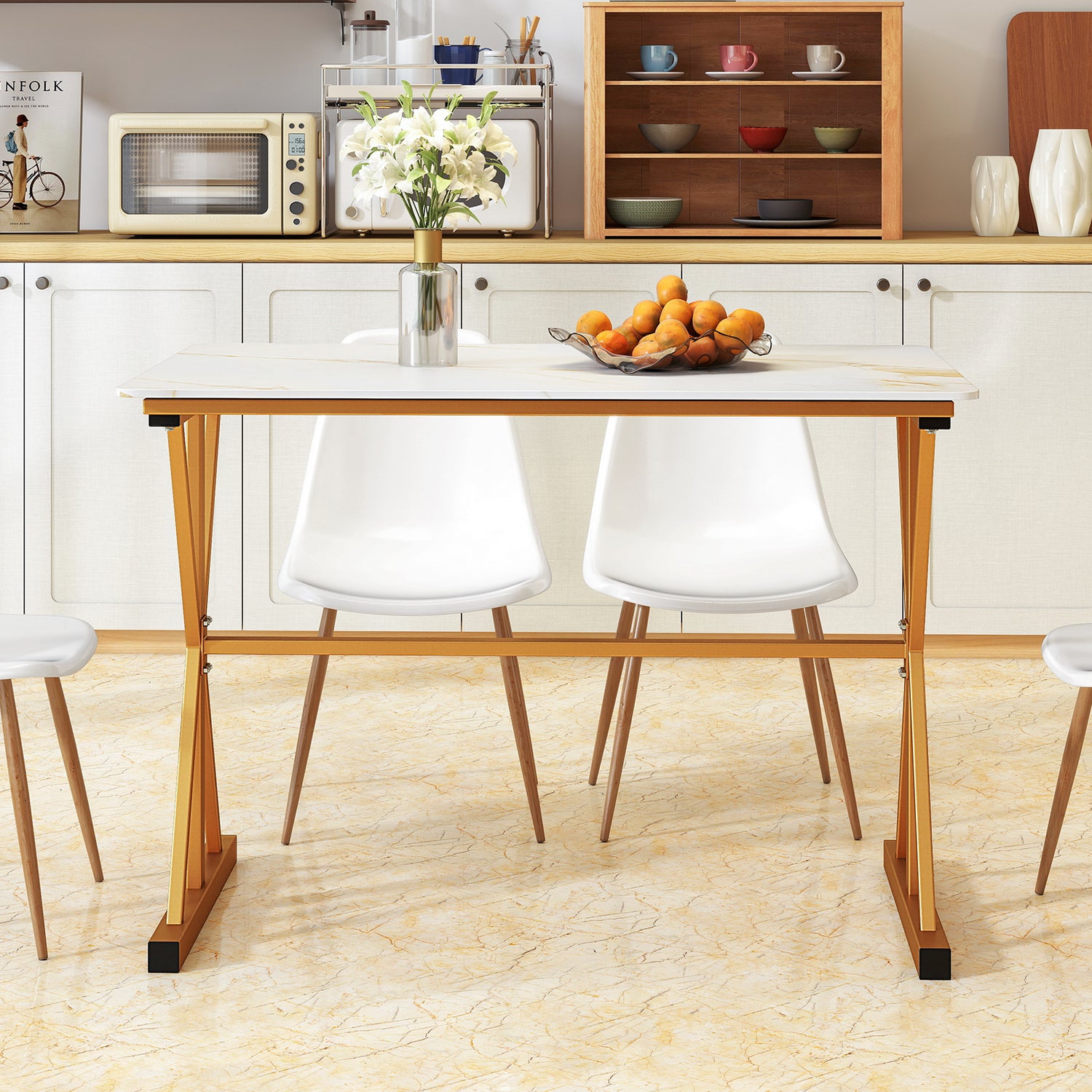 44 Inches Sintered Stone Dining Table with Metal Frame and Faux Marble Tabletop-White