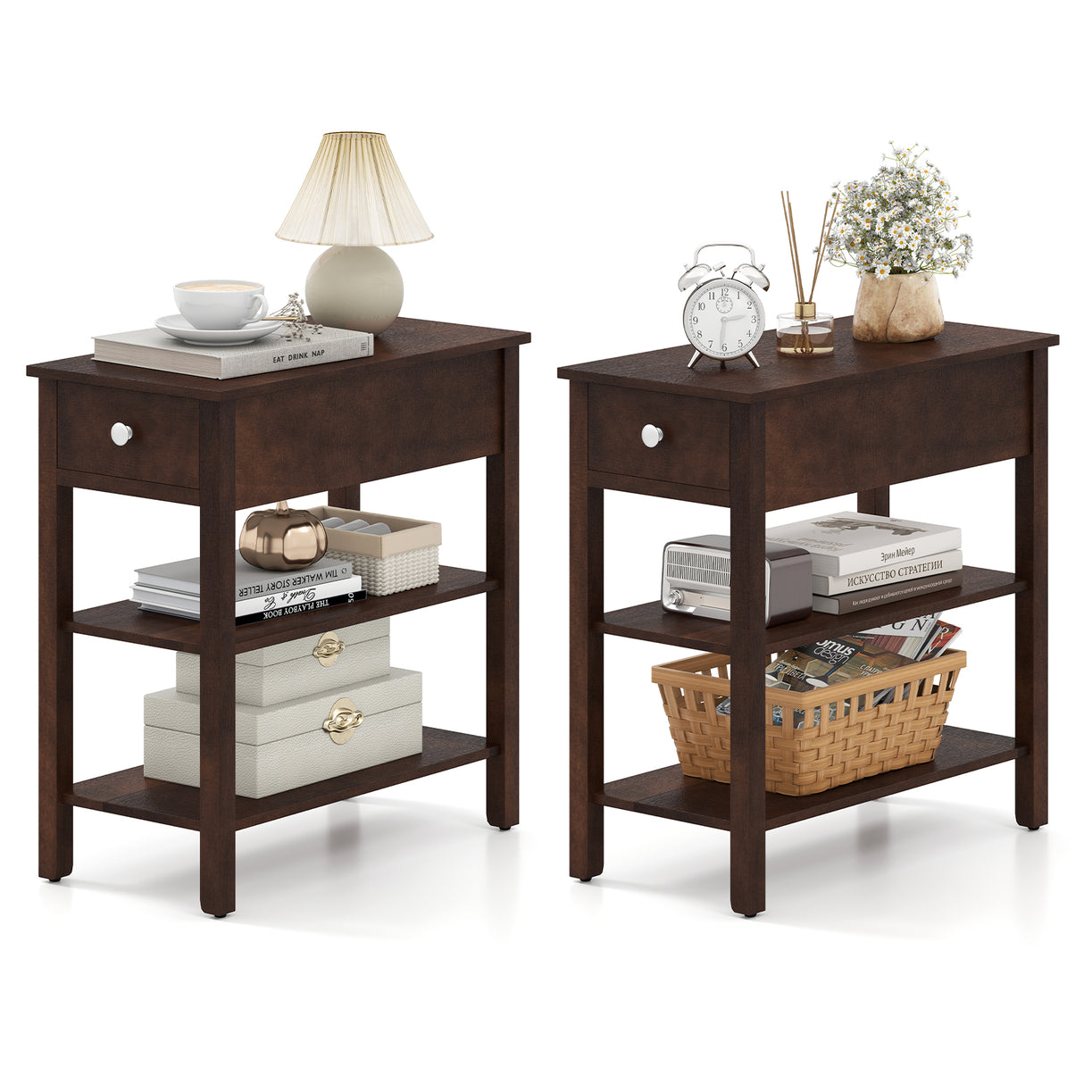 3-Tier Narrow End Table with Drawer and Storage Shelves Set of 2