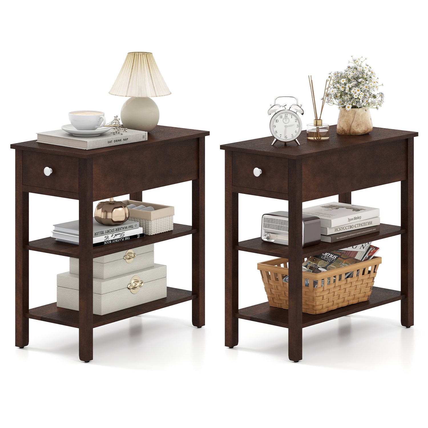 3-Tier Narrow End Table with Drawer and Storage Shelves Set of 2