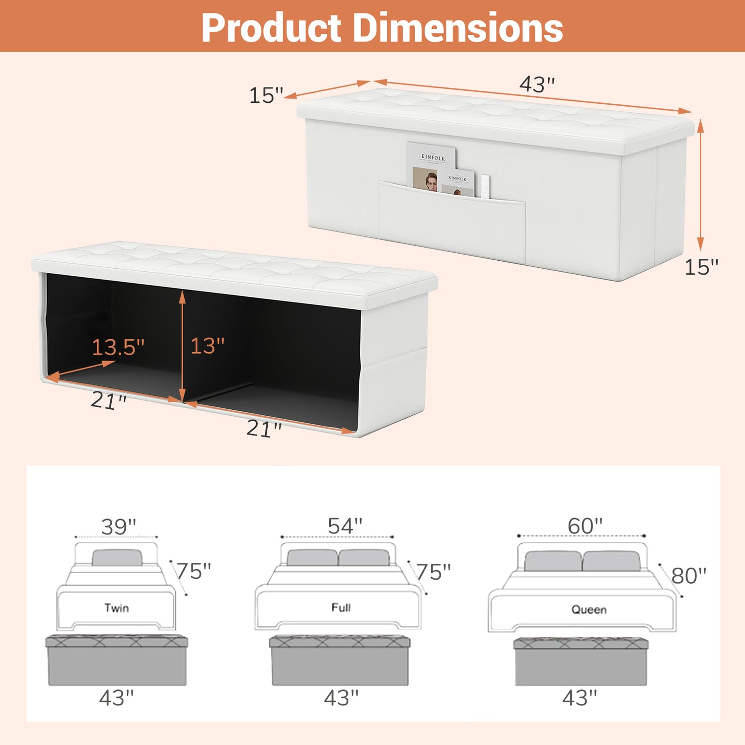 45 Inches Large Folding Ottoman Storage Seat