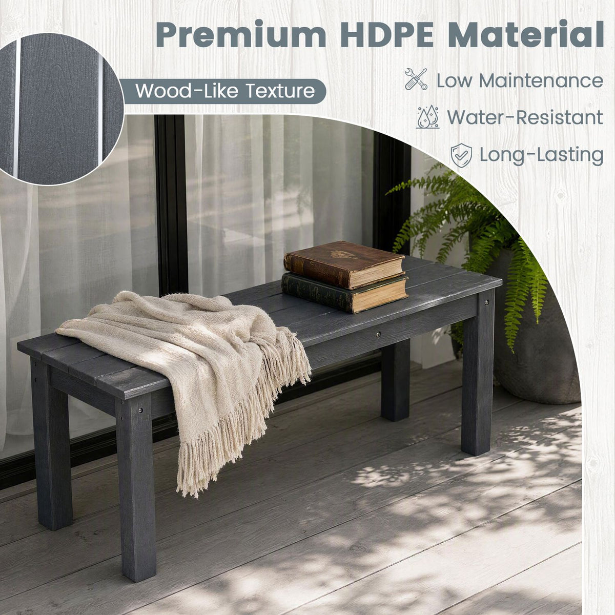 45" Outdoor HDPE Bench with 660 lbs Capacity with Slatted Seat for Patio
