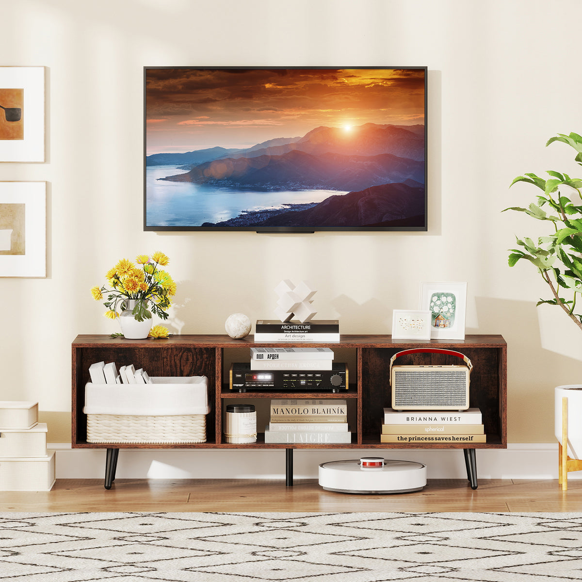TV Stand for 55-Inch TV with Compartments and Metal Legs