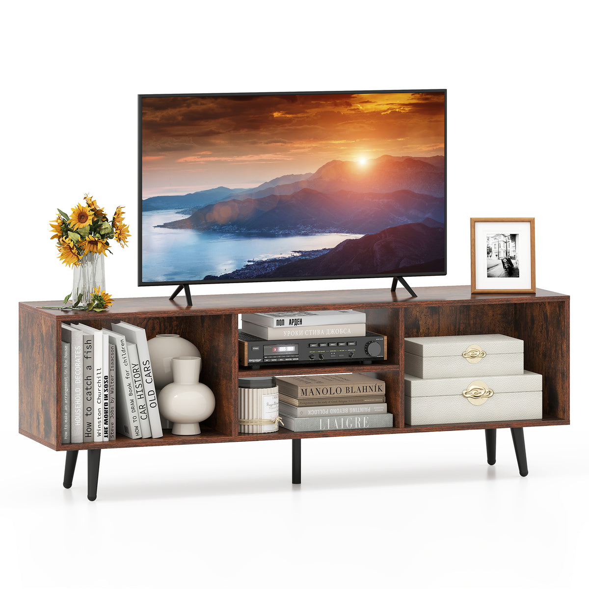 TV Stand for 55-Inch TV with Compartments and Metal Legs