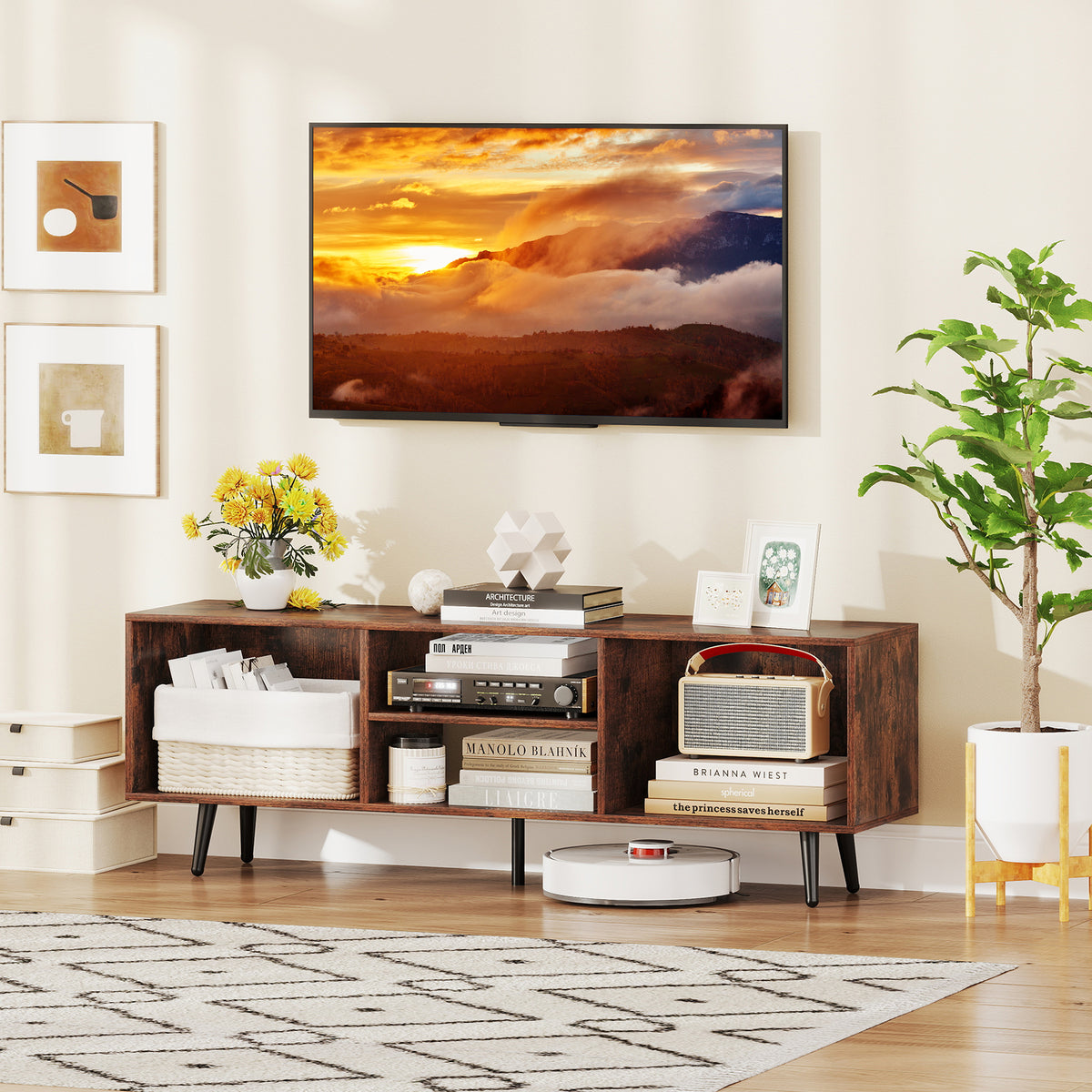 TV Stand for 55-Inch TV with Compartments and Metal Legs