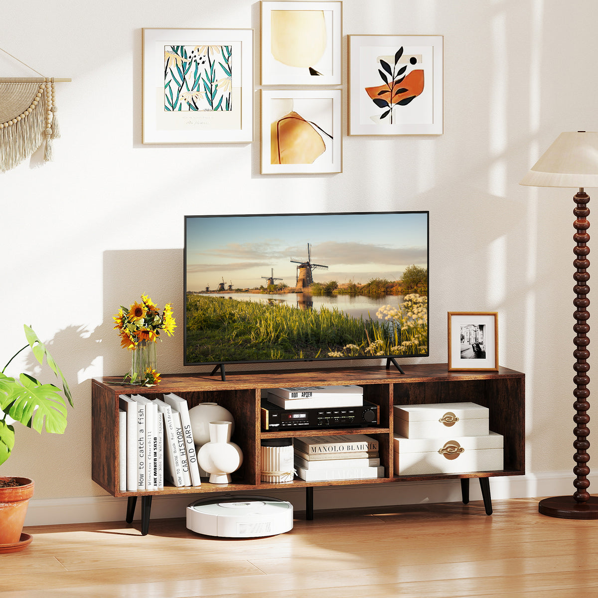 TV Stand for 55-Inch TV with Compartments and Metal Legs