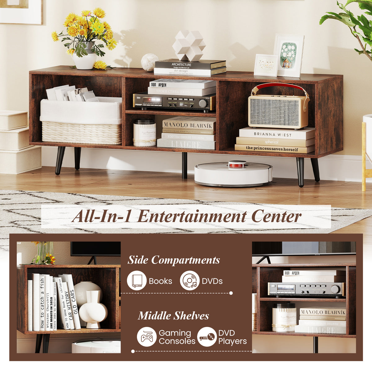 TV Stand for 55-Inch TV with Compartments and Metal Legs