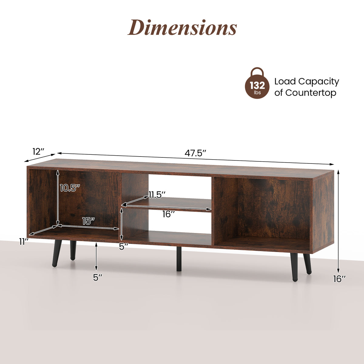 TV Stand for 55-Inch TV with Compartments and Metal Legs