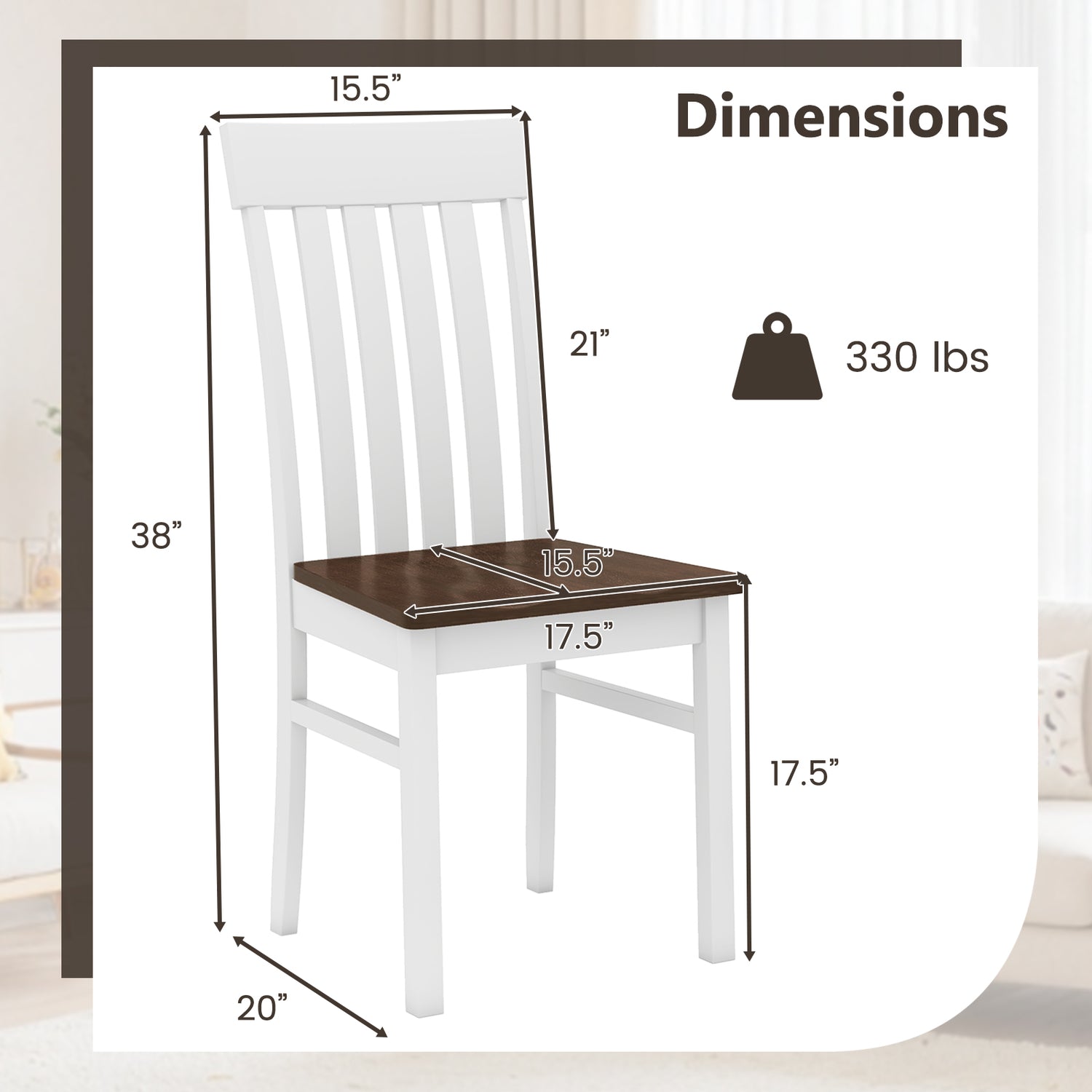 Set of 2 Kitchen Armless Dining Chairs with Slatted High Backrests-White