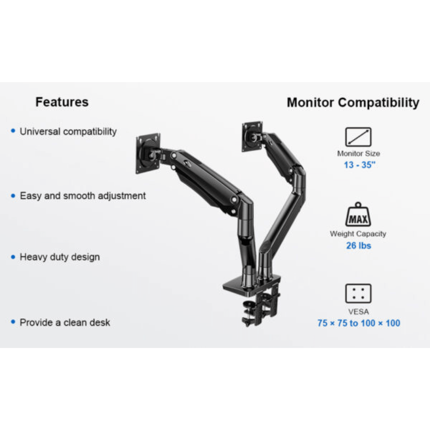 ErgoAV Gas Spring Desk Mount for Dual Monitors 13" to 35"