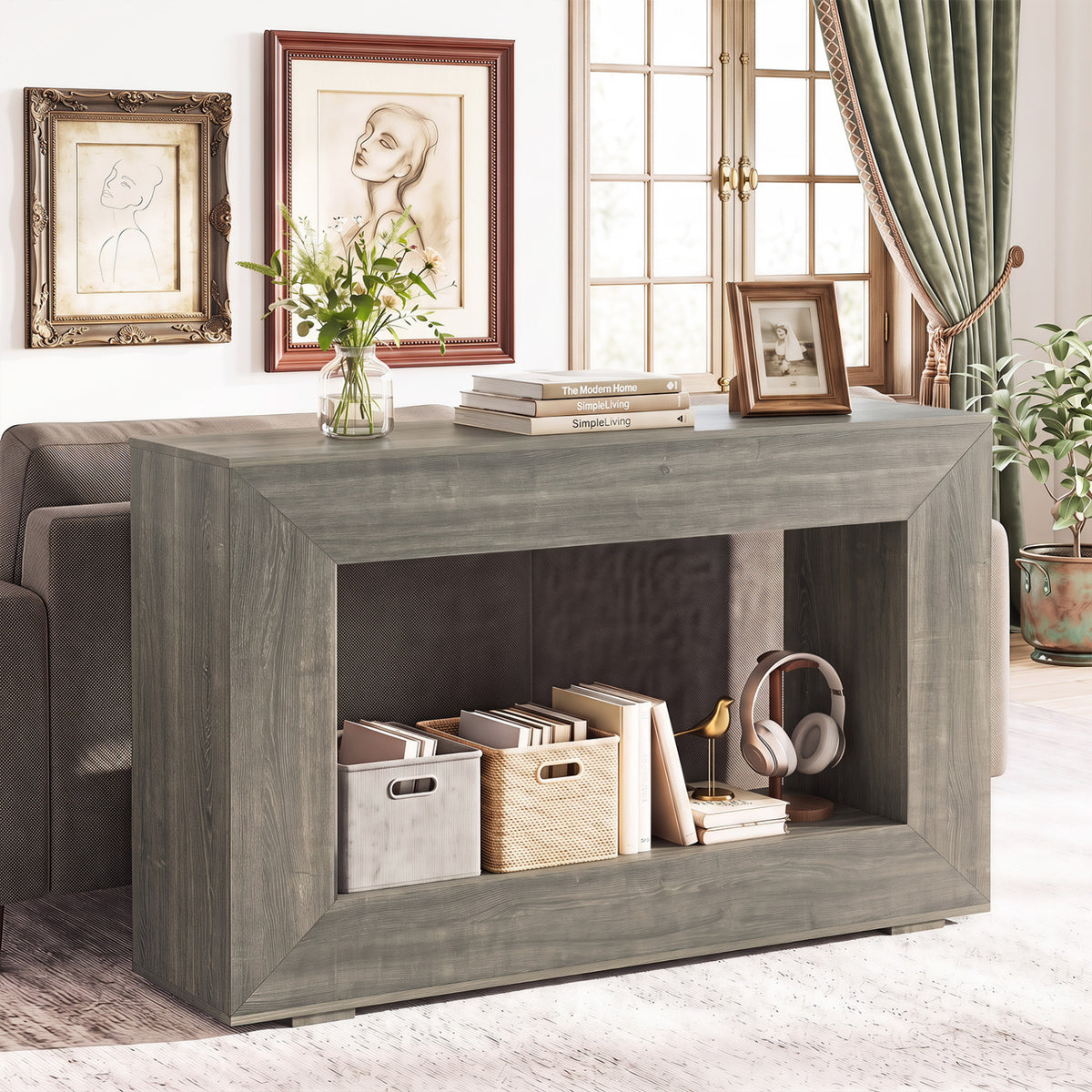 47" 2-Tier Farmhouse Console Table with Open Storage Shelf for Living Room